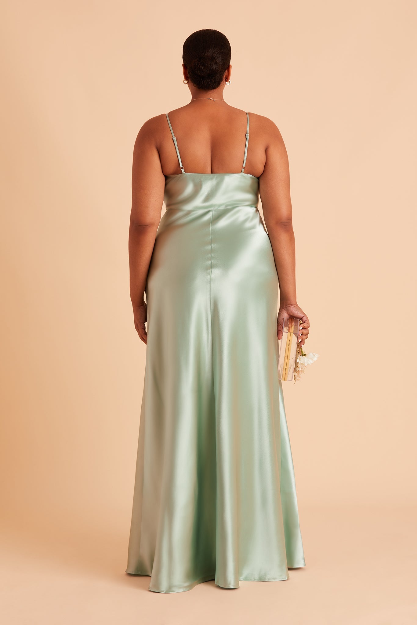 Lisa long plus size bridesmaid dress with slit in sage green satin by Birdy Grey, back view