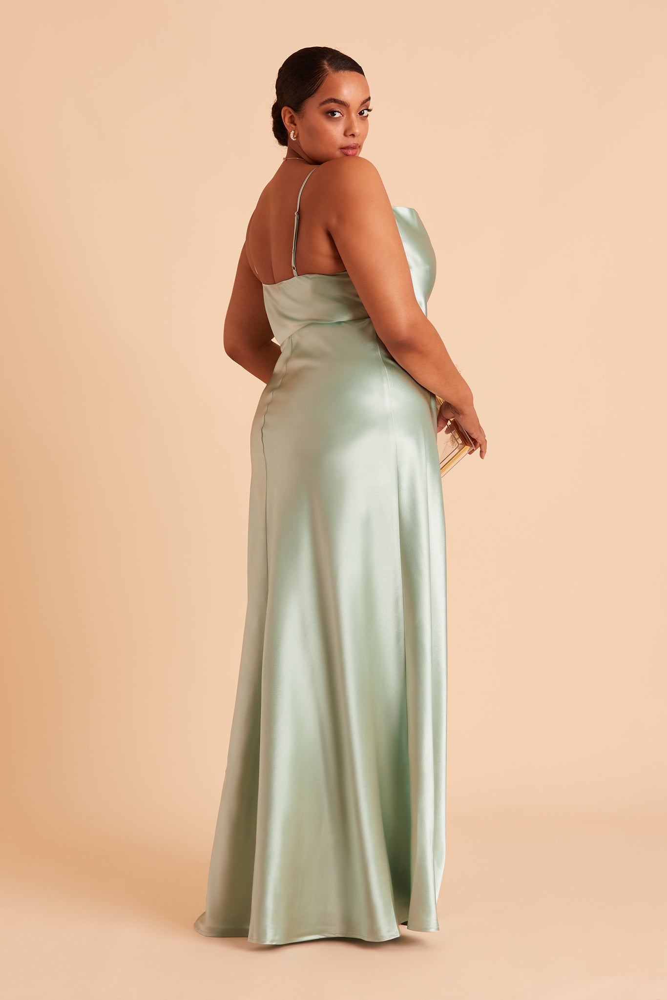 Lisa long plus size bridesmaid dress with slit in sage green satin by Birdy Grey, side view