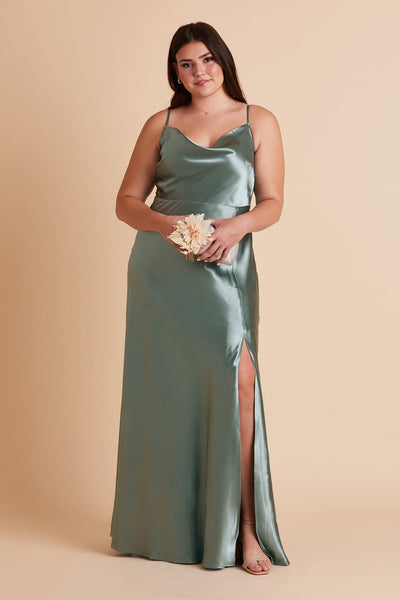 Lisa plus size bridesmaid dress with slit in sea glass satin by Birdy Grey, front view