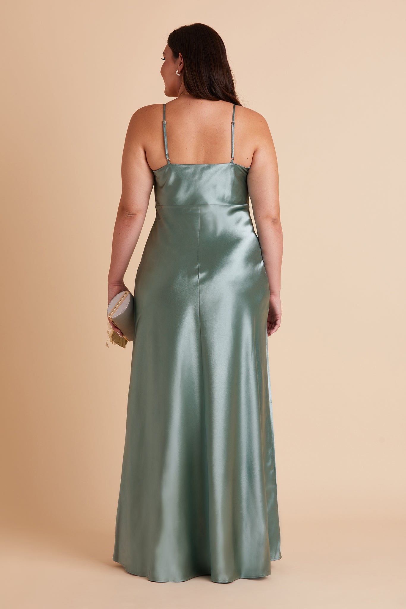 Lisa plus size bridesmaid dress with slit in sea glass satin by Birdy Grey, back view