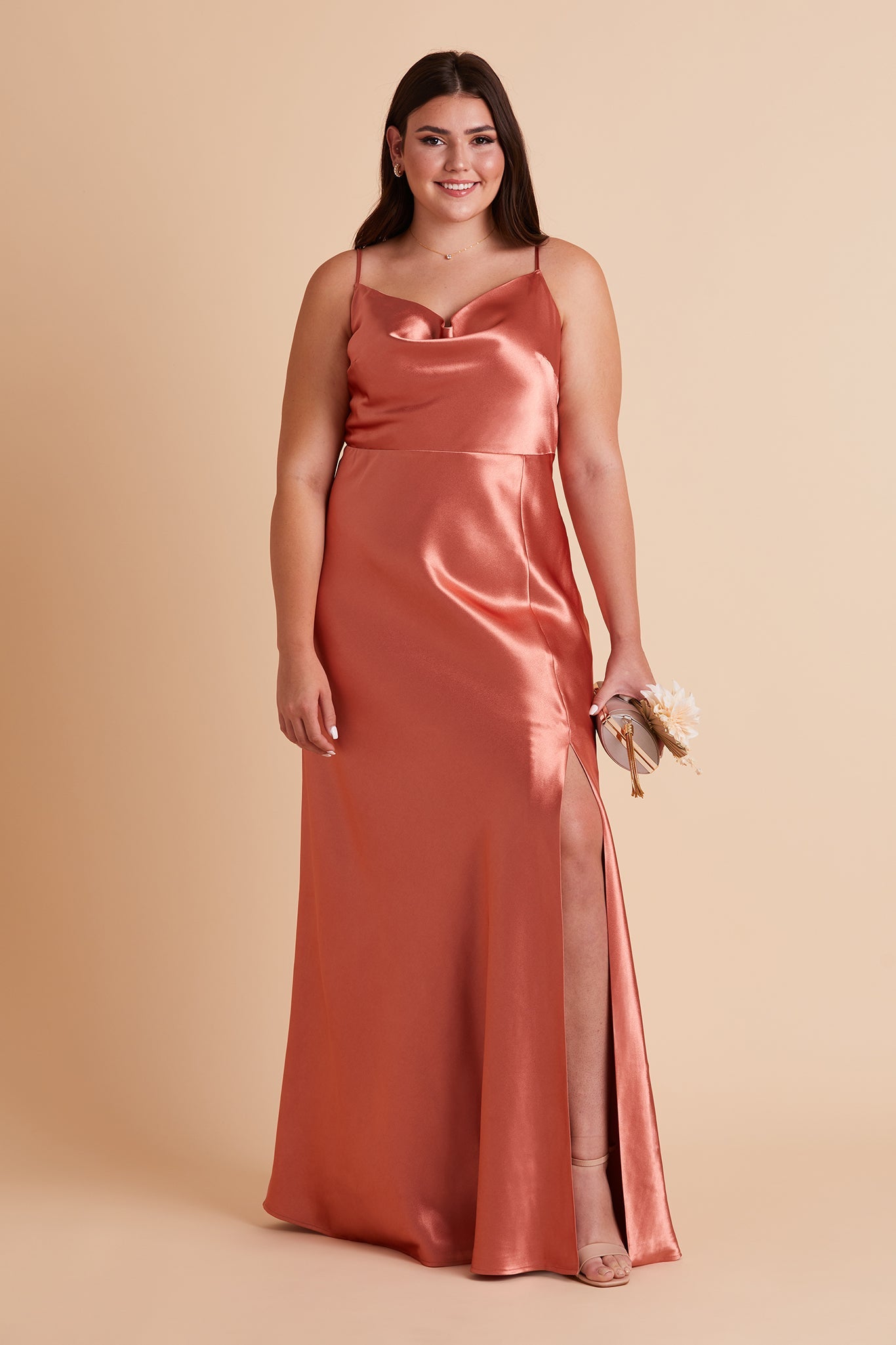 Lisa plus size bridesmaid dress with slit in terracotta satin by Birdy Grey, front view