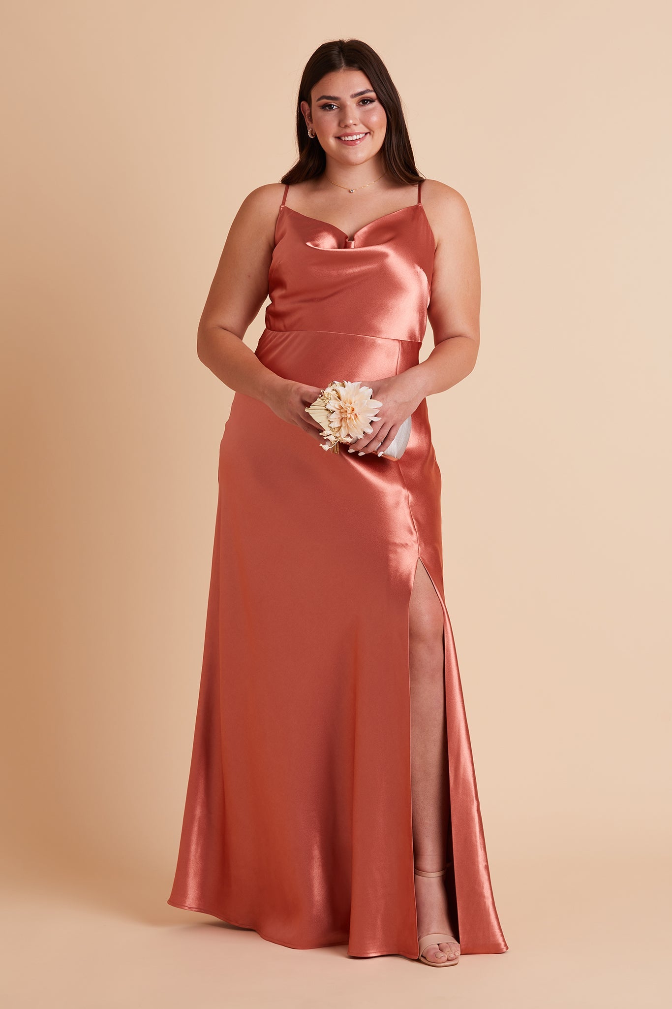 Lisa plus size bridesmaid dress with slit in terracotta satin by Birdy Grey, front view