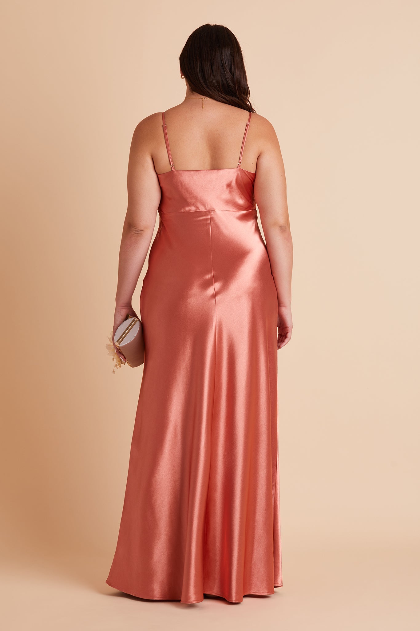Lisa plus size bridesmaid dress with slit in terracotta satin by Birdy Grey, back view