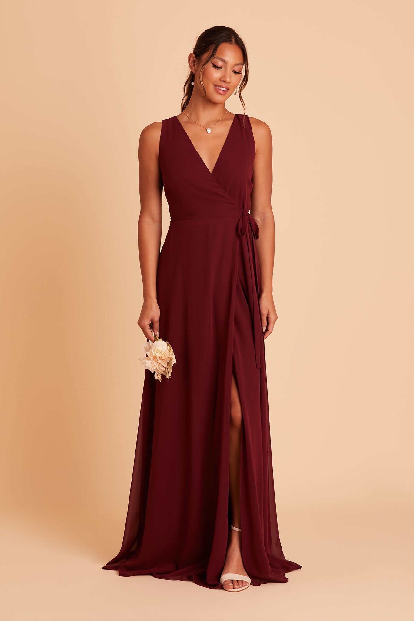Minae bridesmaid dress with slit in cabernet chiffon by Birdy Grey, front view