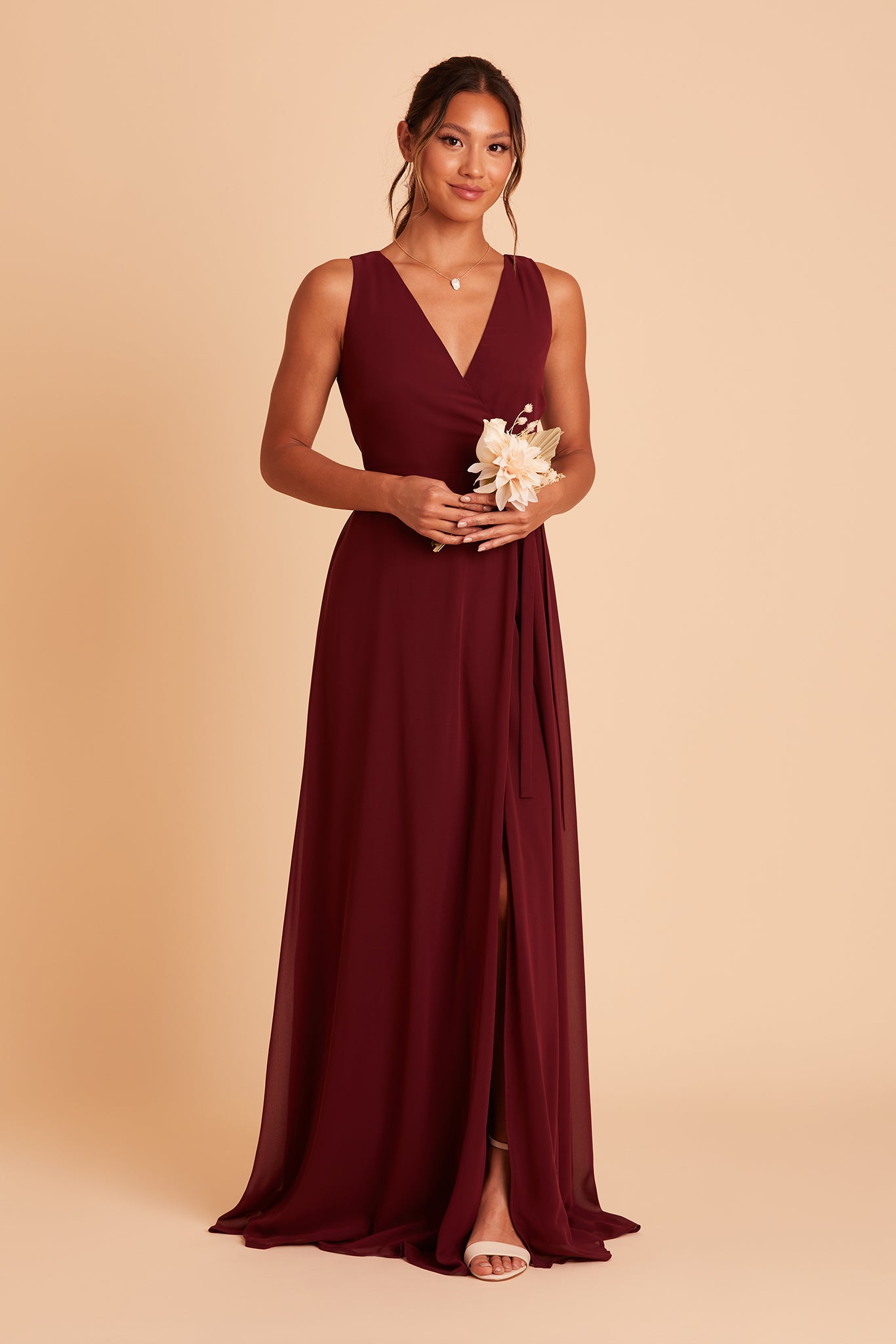 Minae bridesmaid dress with slit in cabernet chiffon by Birdy Grey, front view
