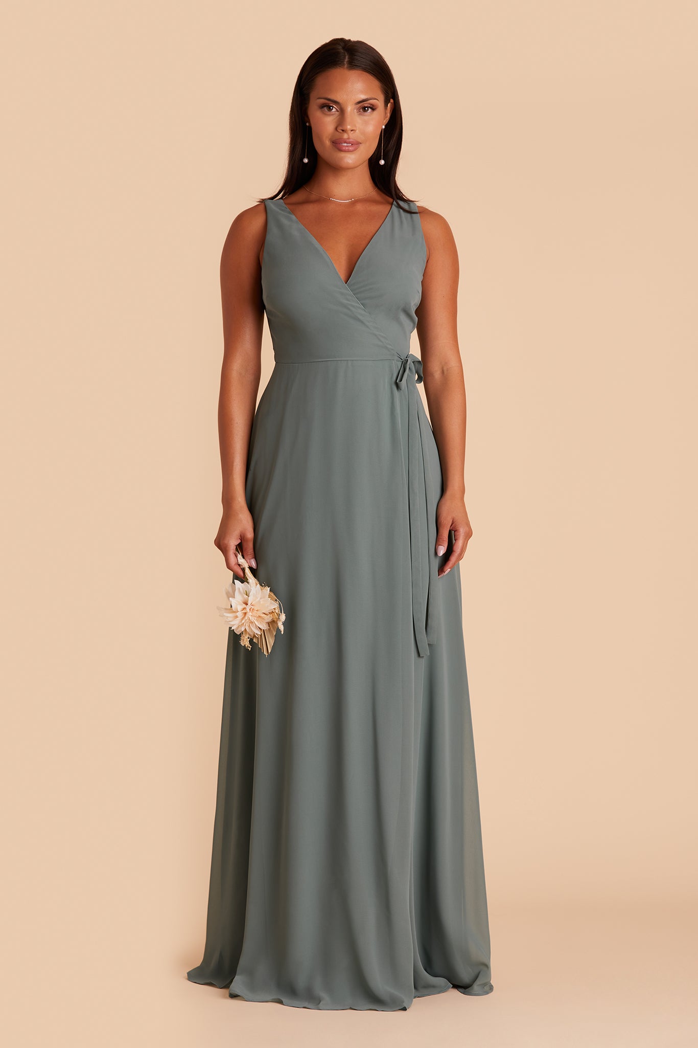 Minae bridesmaid dress with slit in sea glass chiffon by Birdy Grey, front view