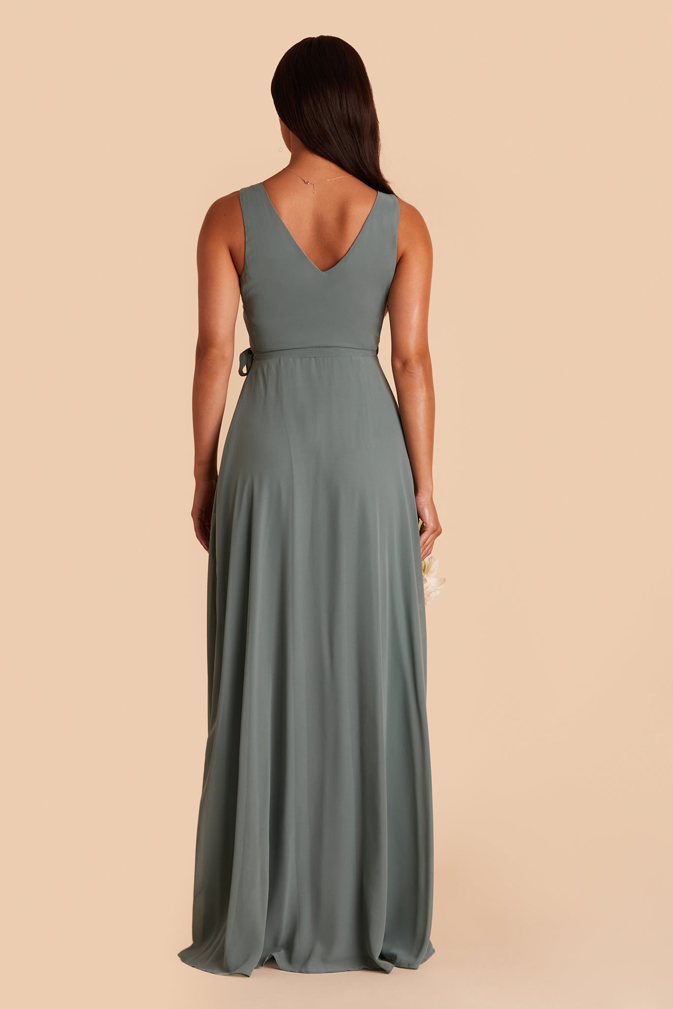 Minae bridesmaid dress with slit in sea glass chiffon by Birdy Grey, back view