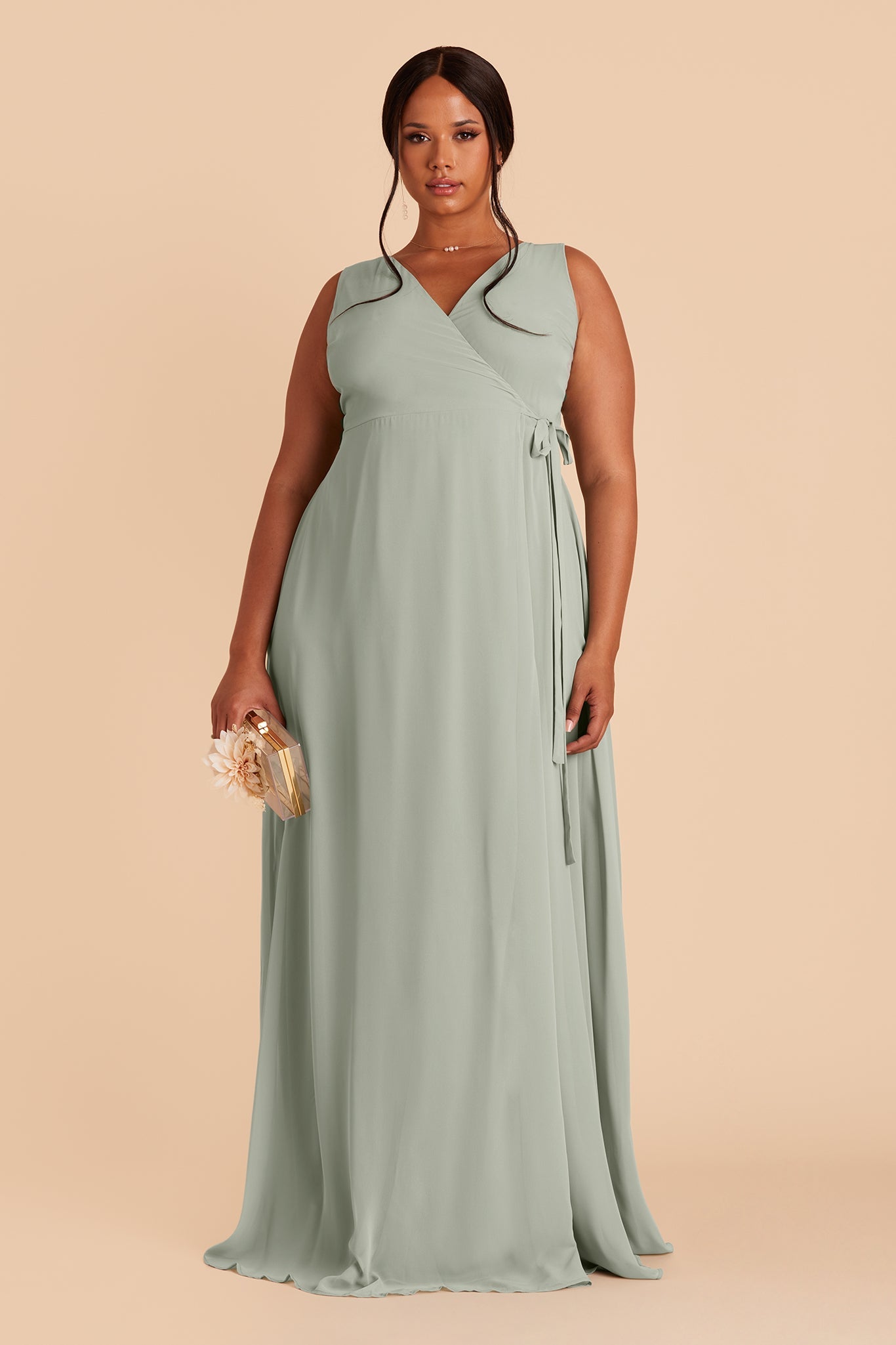 Minae plus size bridesmaid dress with slit in sage chiffon by Birdy Grey, front view