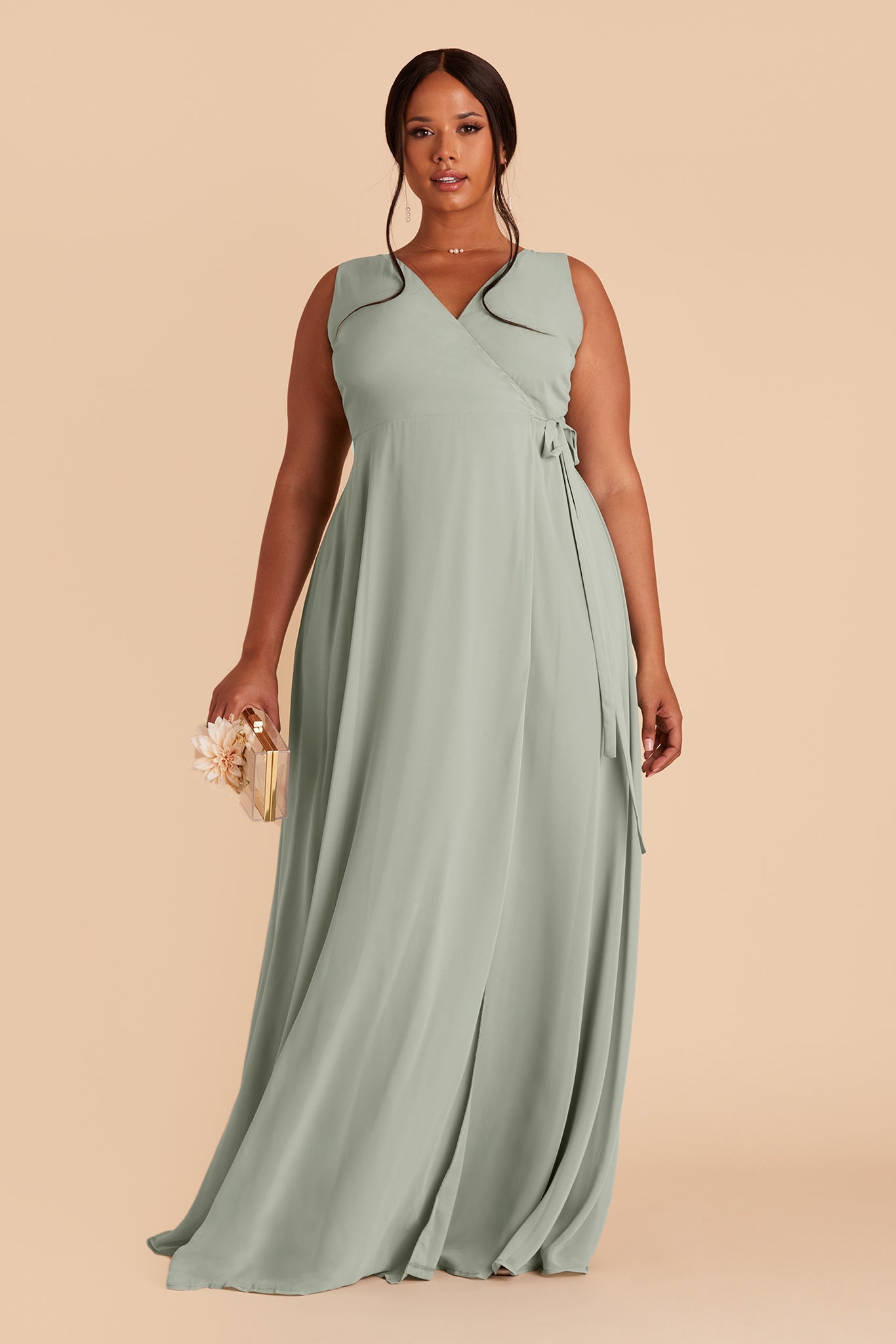 Minae plus size bridesmaid dress with slit in sage chiffon by Birdy Grey, front view