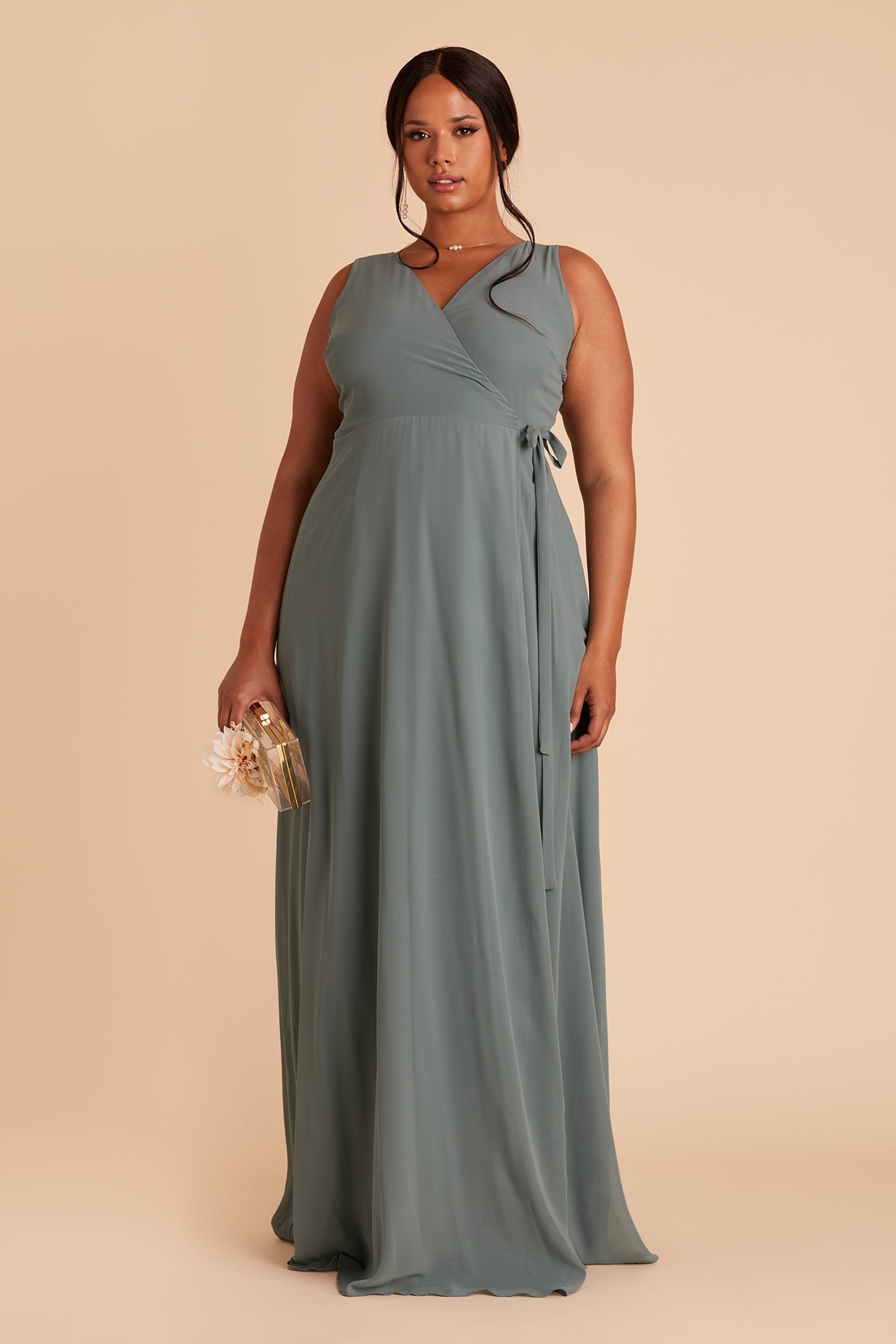 Minae plus size bridesmaid dress with slit in sea glass chiffon by Birdy Grey, front view