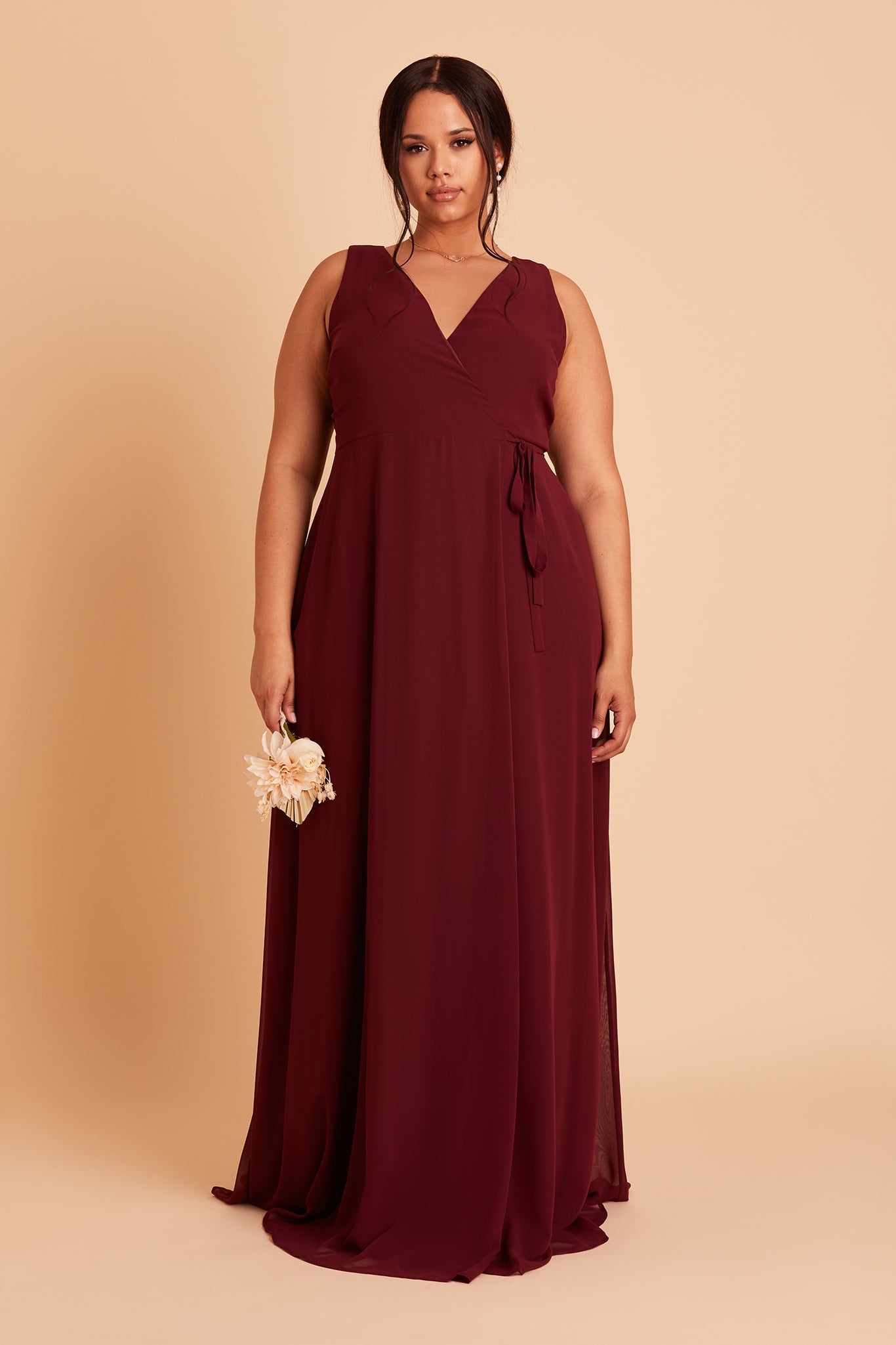 Minae  plus size bridesmaid dress with slit in cabernet chiffon by Birdy Grey, front view
