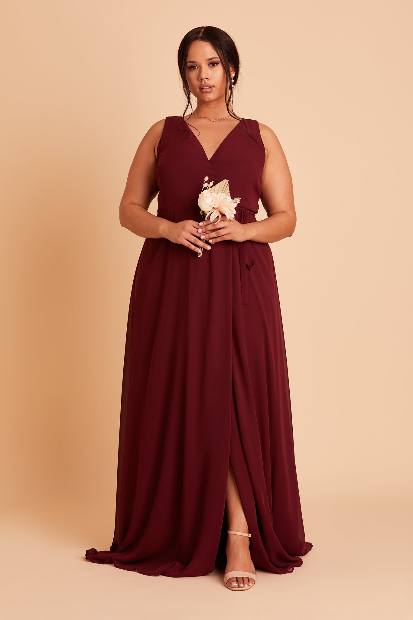 Minae plus size bridesmaid dress with slit in cabernet chiffon by Birdy Grey, front view
