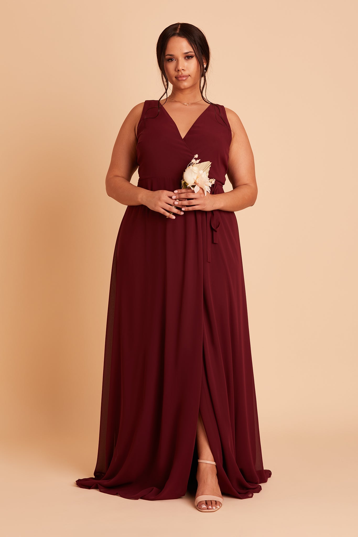 Minae  plus size bridesmaid dress with slit in cabernet chiffon by Birdy Grey, front view