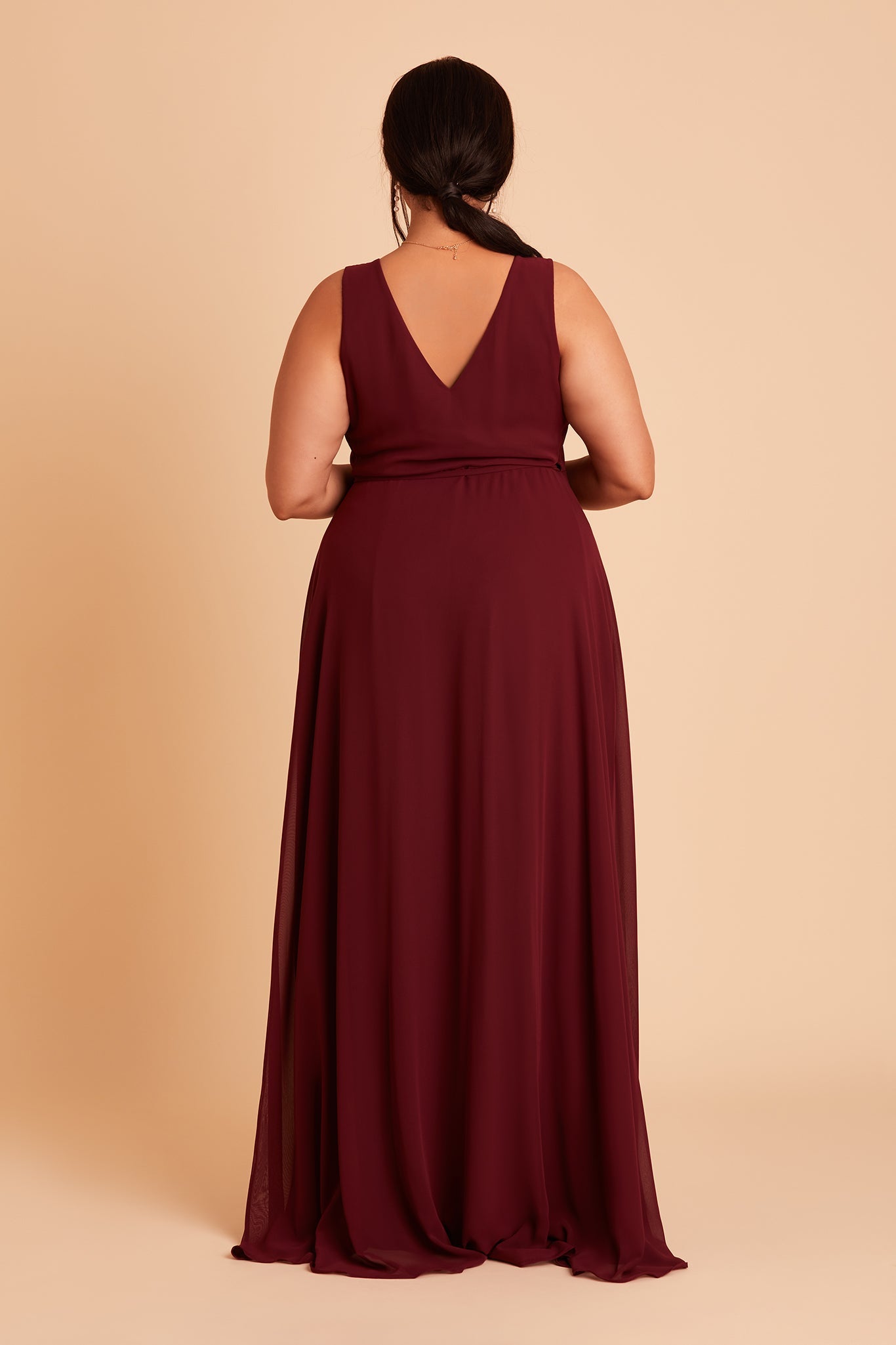 Minae  plus size bridesmaid dress with slit in cabernet chiffon by Birdy Grey, back view