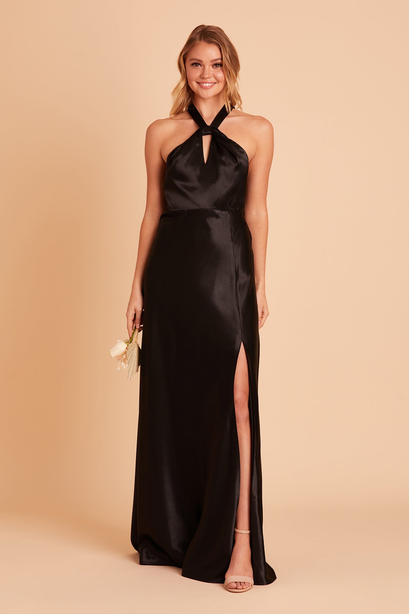 Monica bridesmaid dress with slit in black satin by Birdy Grey, front view