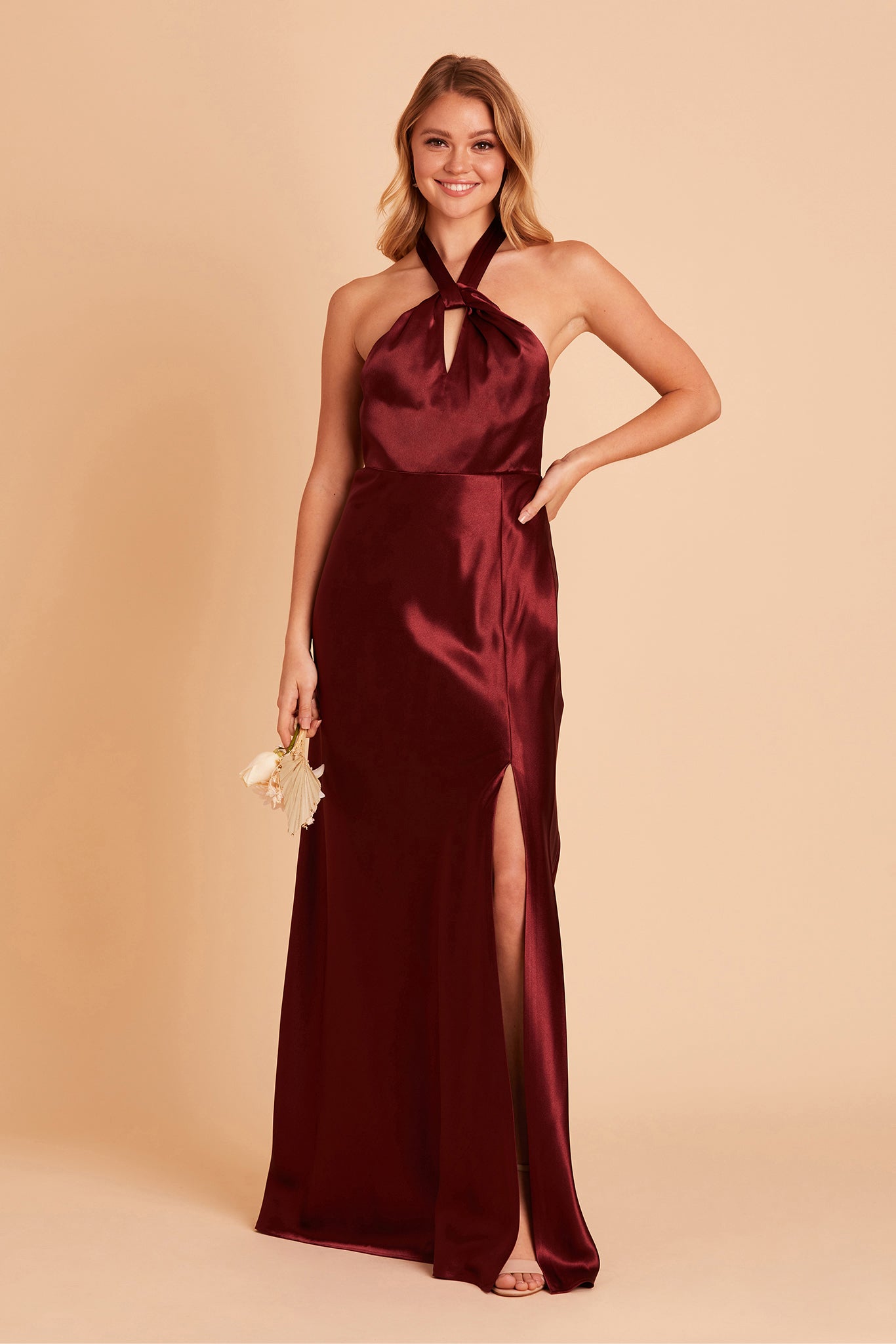 Monica bridesmaid dress with slit in cabernet satin by Birdy Grey, front view