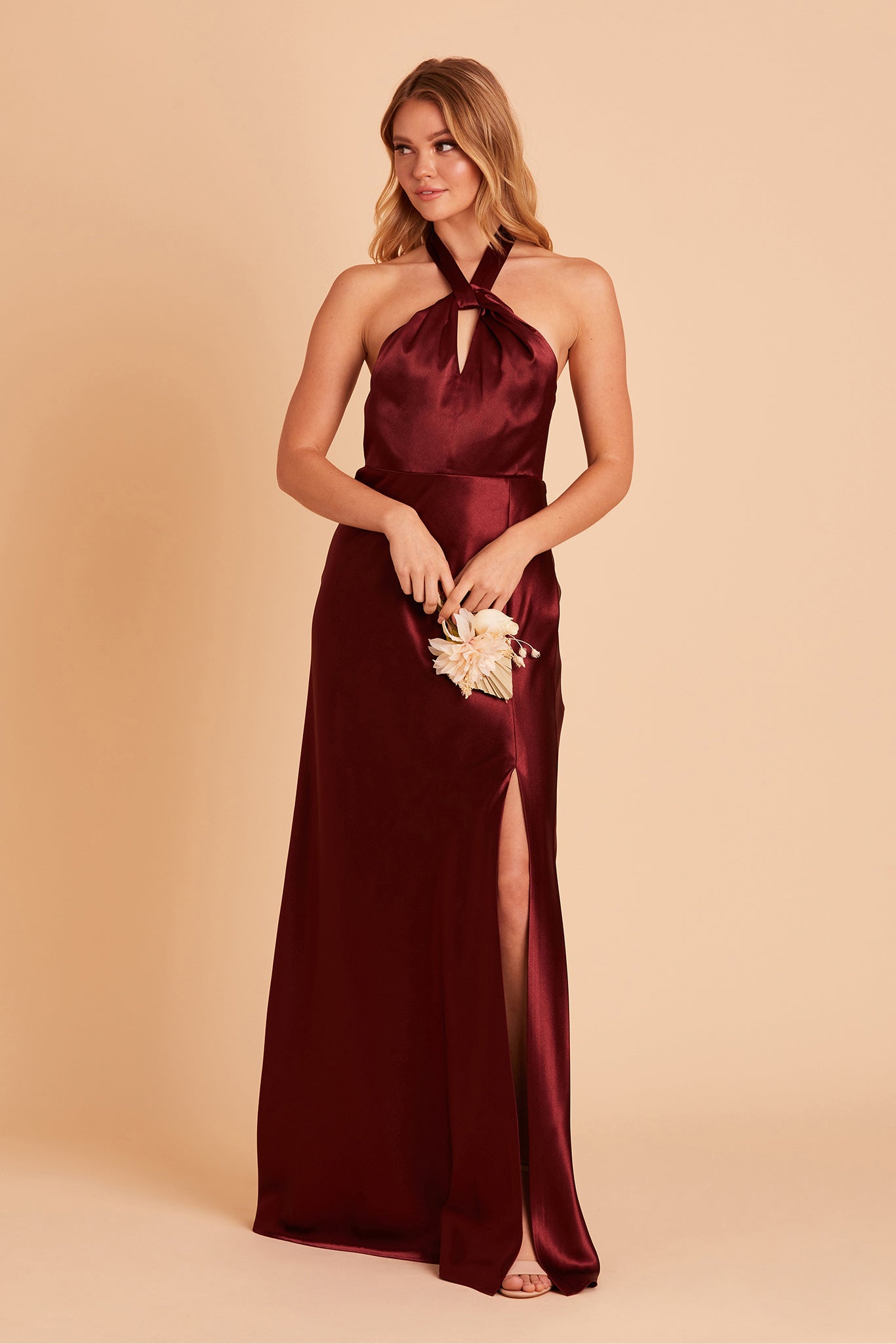 Monica bridesmaid dress with slit in cabernet satin by Birdy Grey, front view