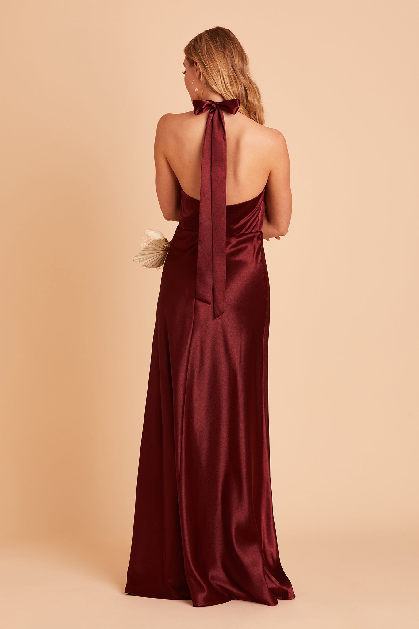 Monica bridesmaid dress with slit in cabernet satin by Birdy Grey, back view