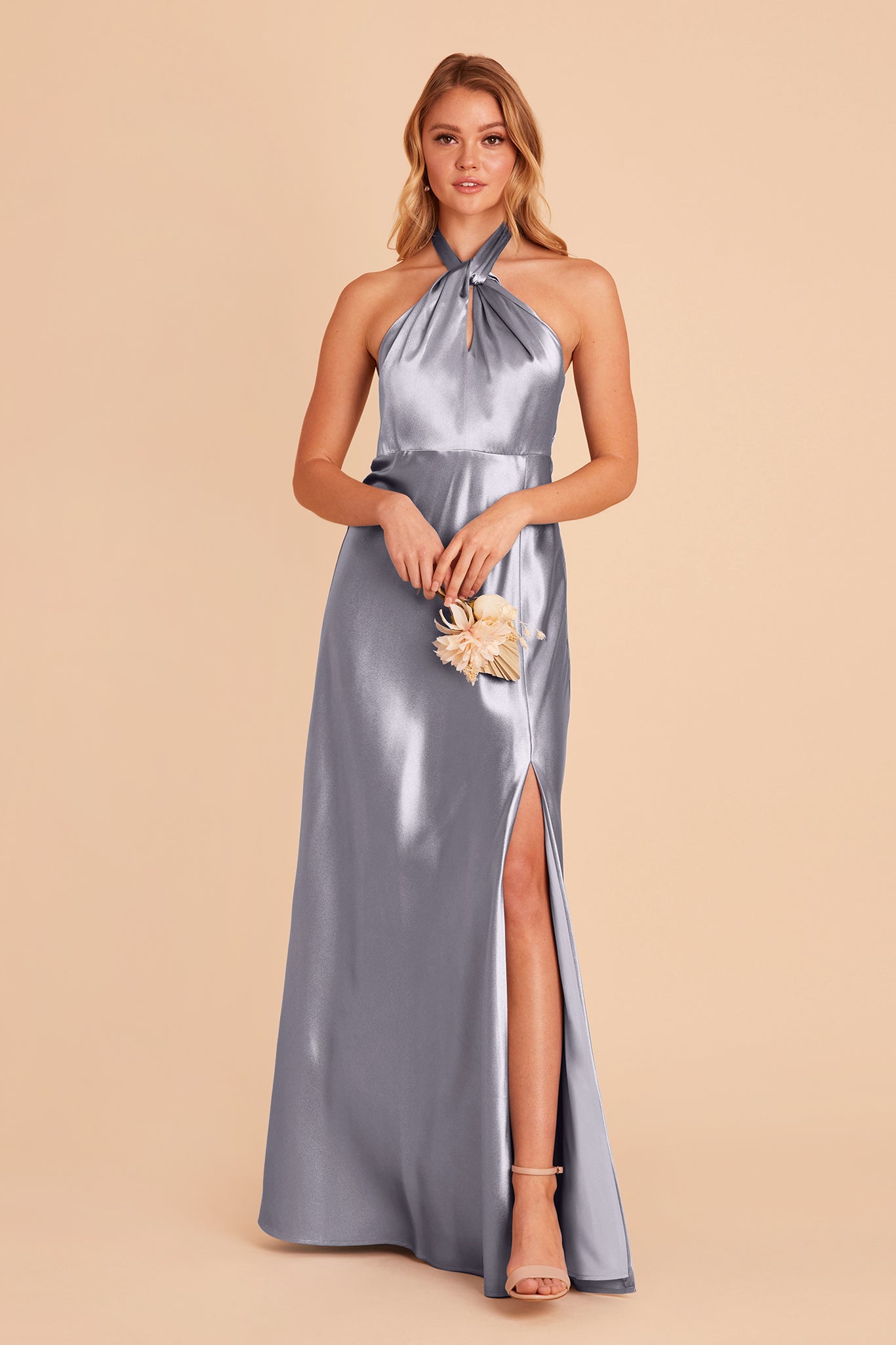 Monica bridesmaid dress with slit in dusty blue satin by Birdy Grey, front view