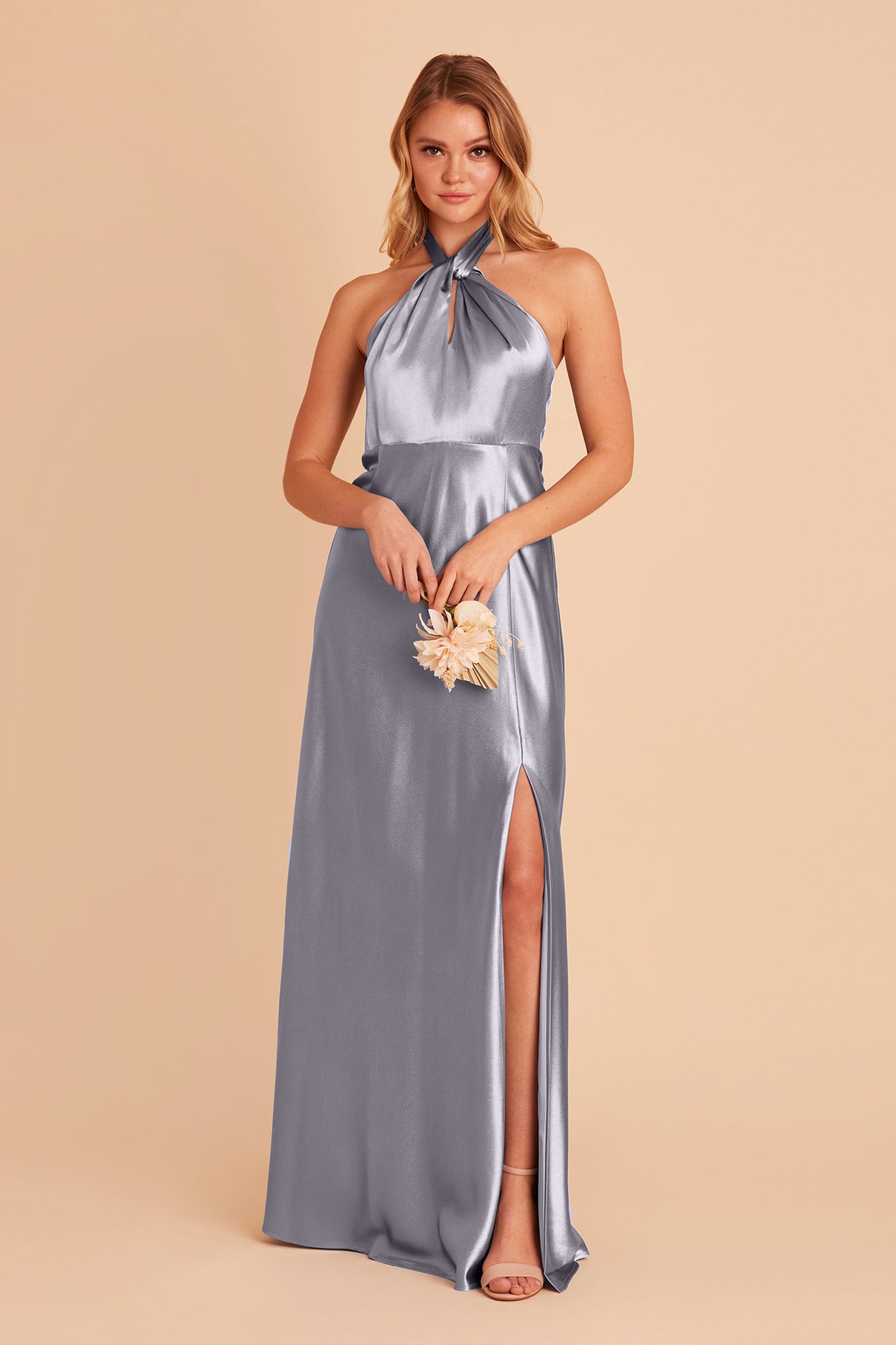 Monica bridesmaid dress with slit in dusty blue satin by Birdy Grey, front view