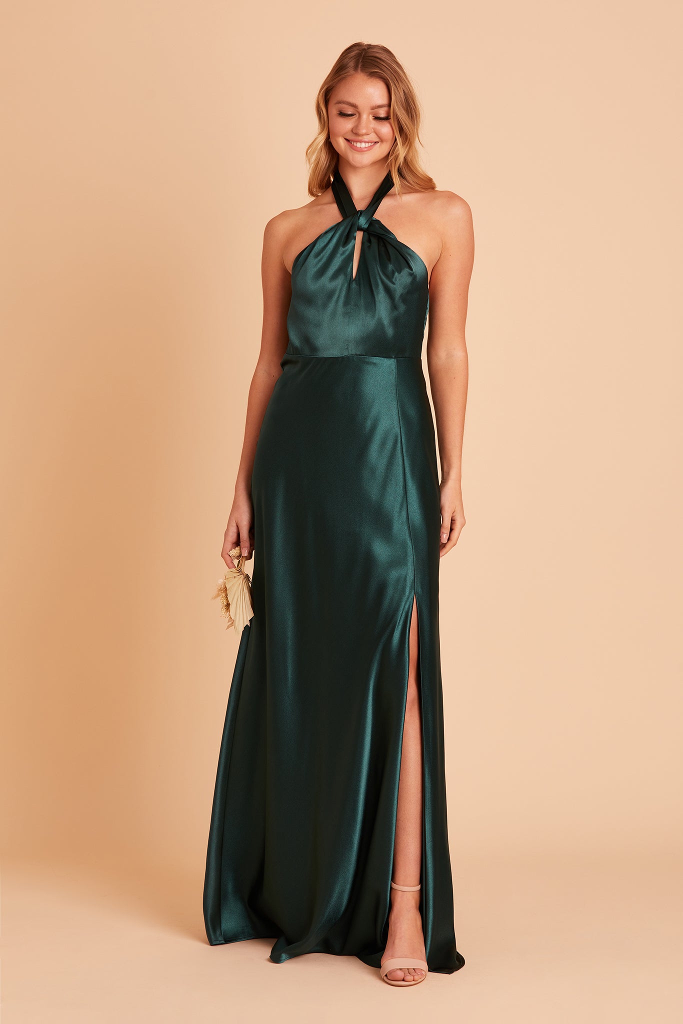 Monica bridesmaid dress with slit in emerald satin by Birdy Grey, front view