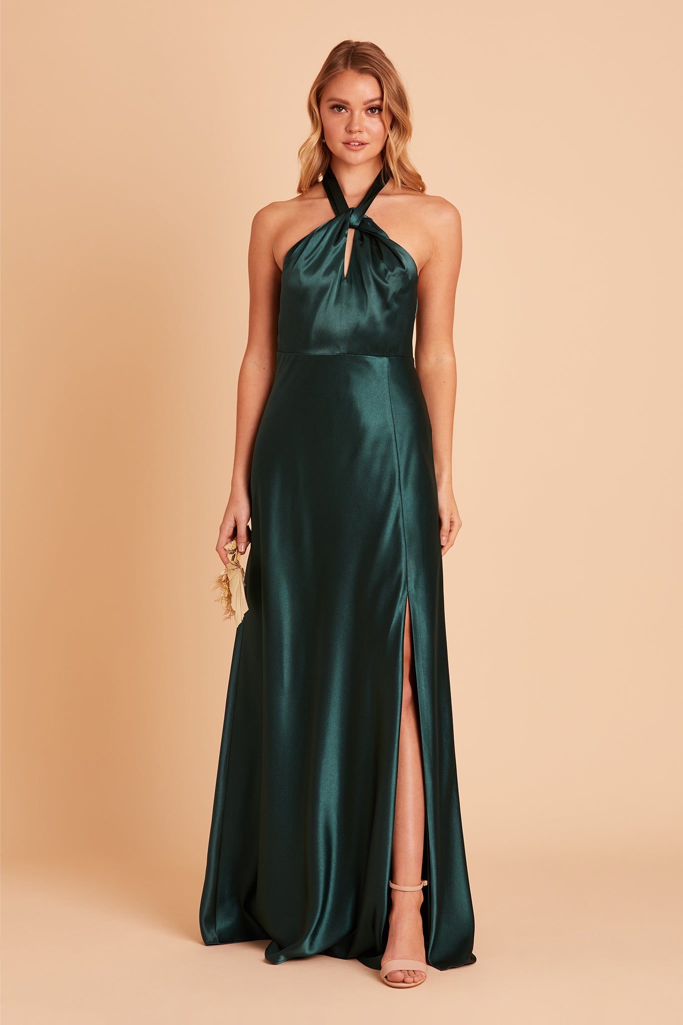 Monica bridesmaid dress with slit in emerald satin by Birdy Grey, front view
