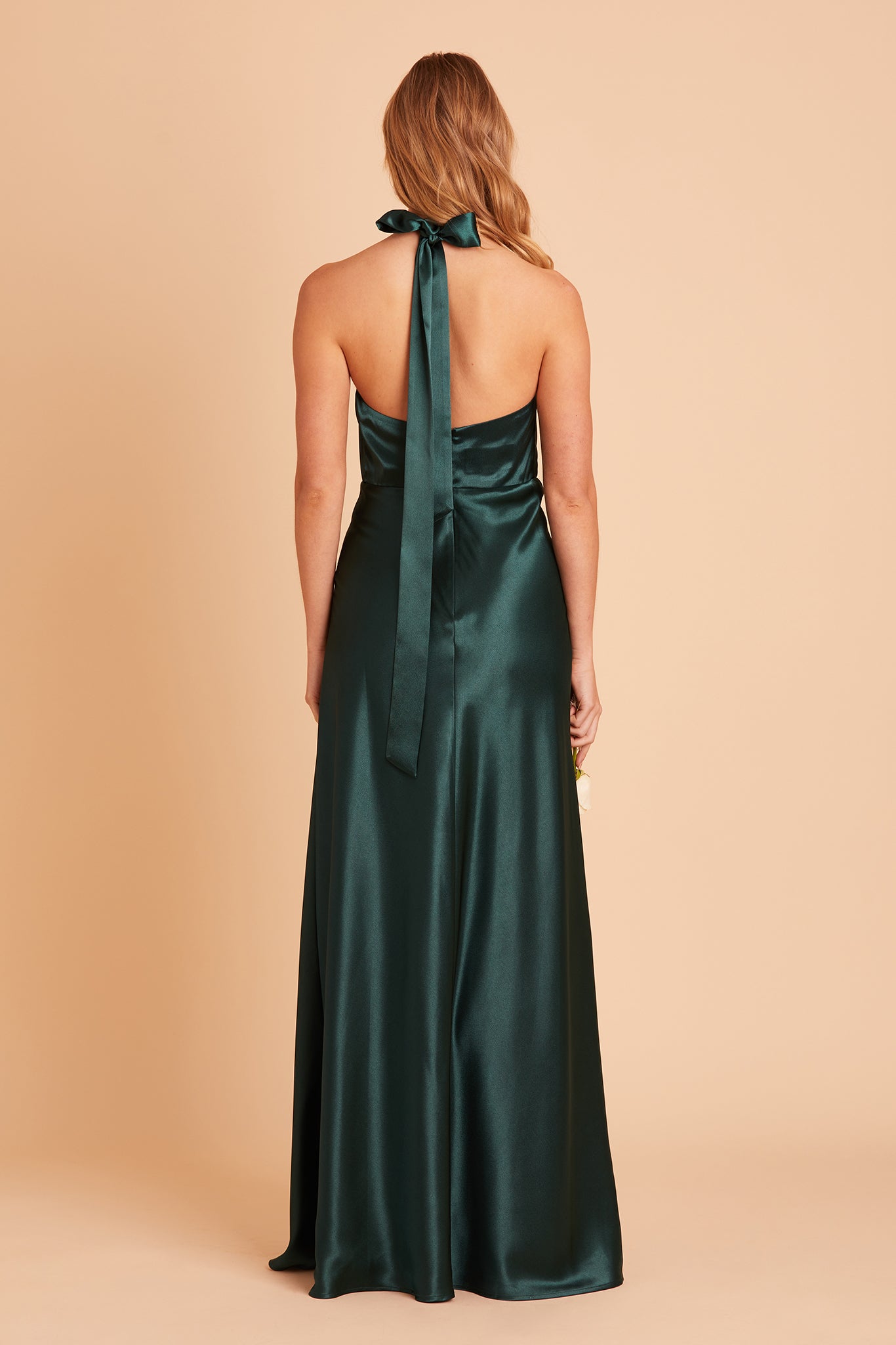 Monica bridesmaid dress with slit in emerald satin by Birdy Grey, back view