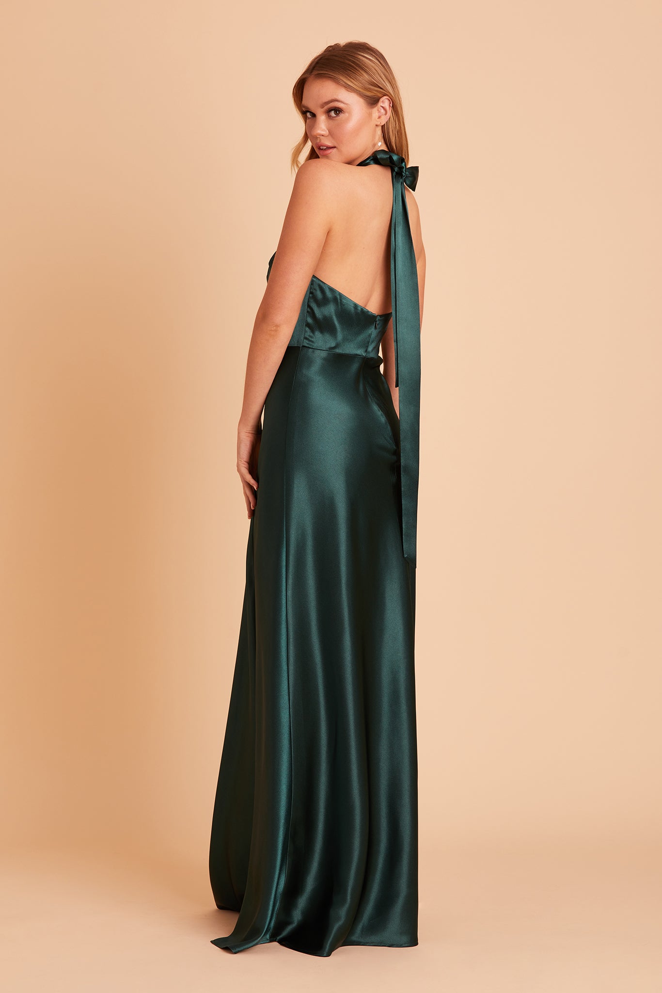 Monica bridesmaid dress with slit in emerald satin by Birdy Grey, side view