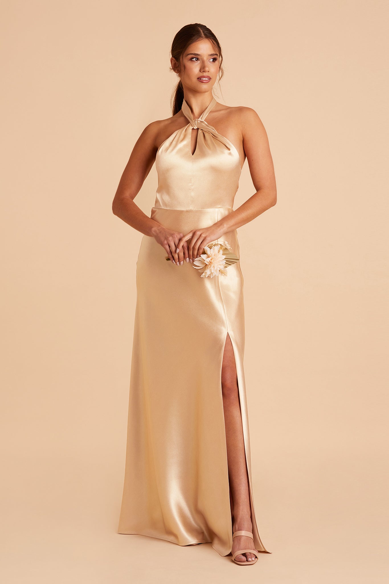 Monica Satin Dress in gold satin by Birdy Grey, front view