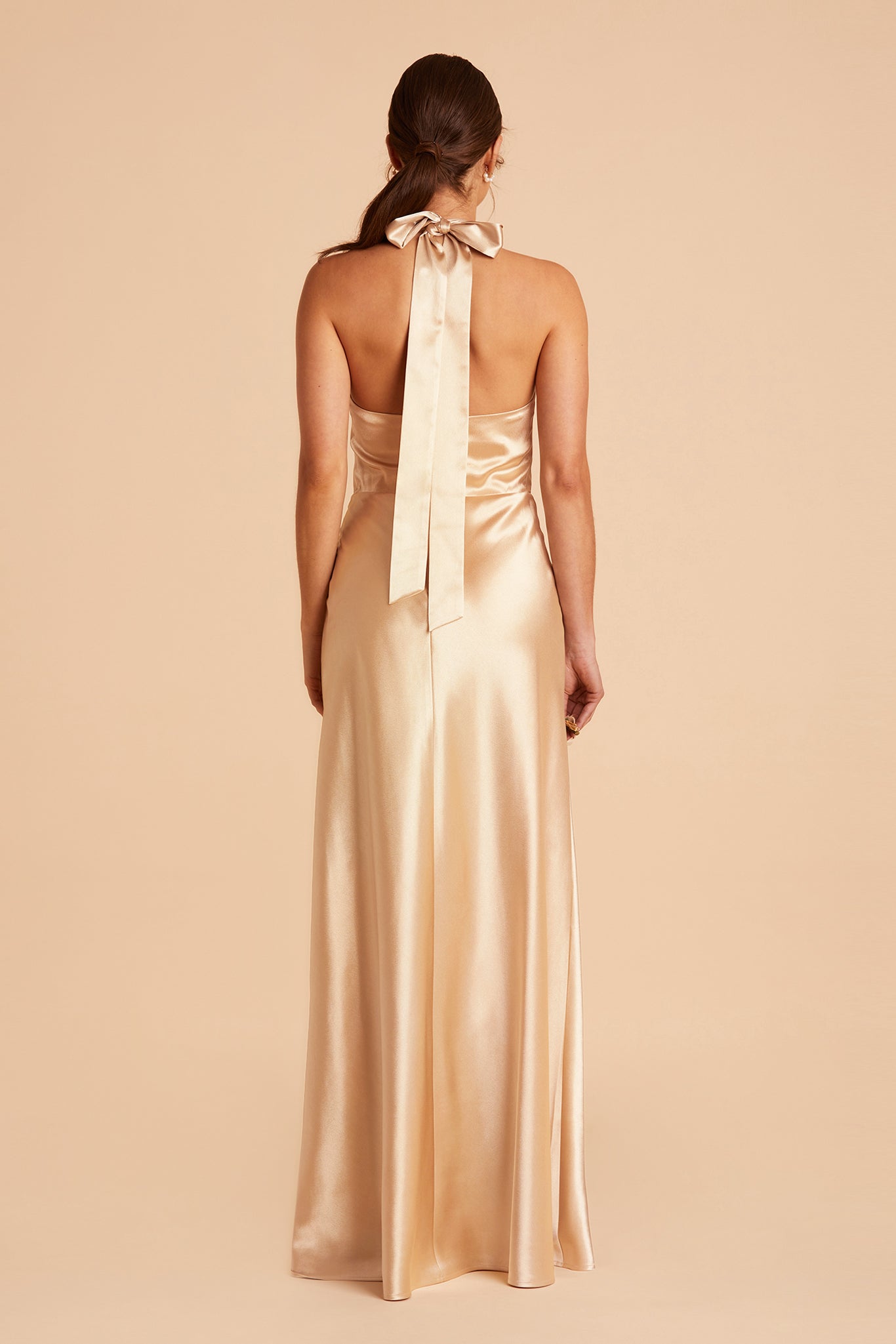Monica Satin Dress in gold satin by Birdy Grey, front view