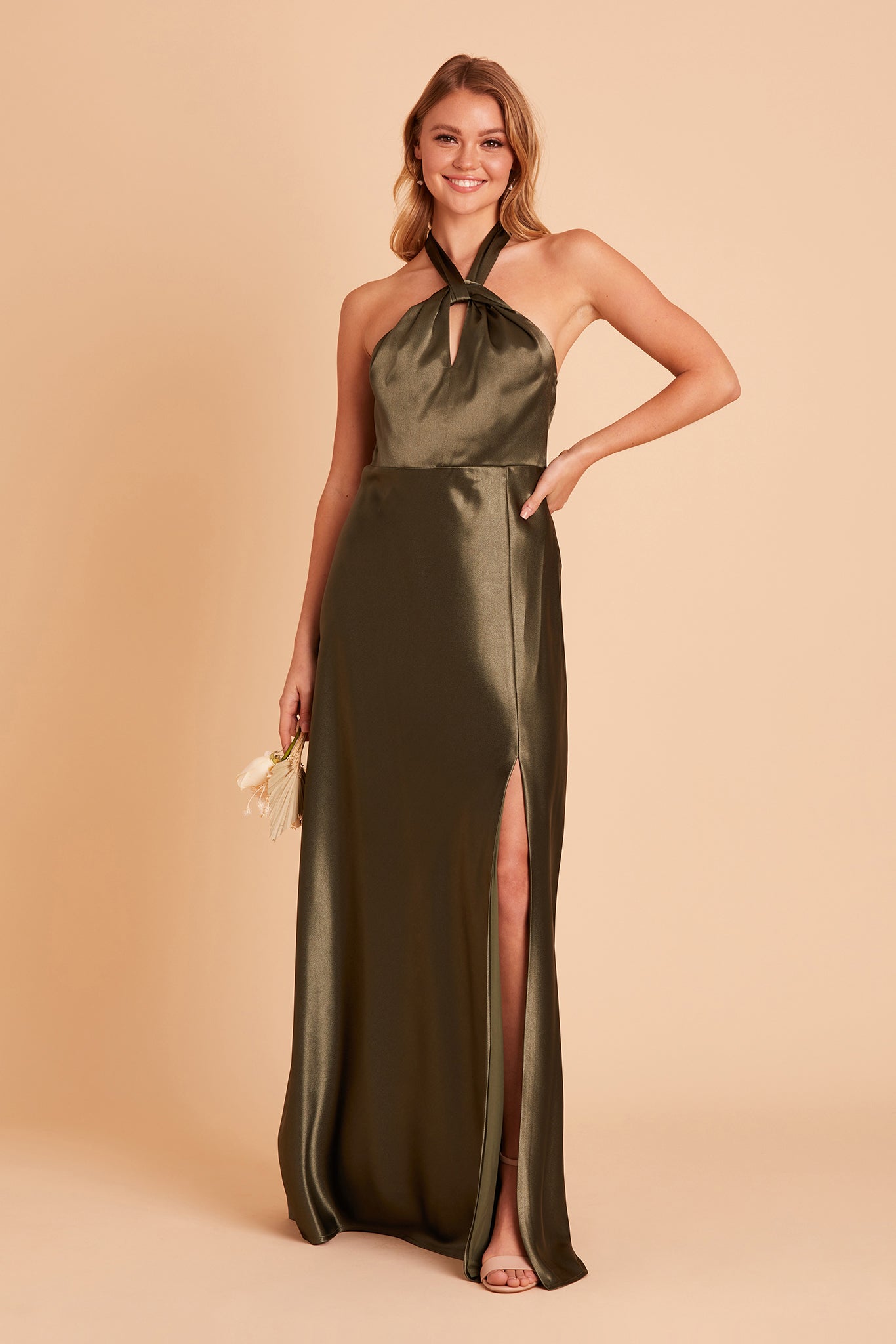 Monica bridesmaid dress with slit in olive satin by Birdy Grey, front view