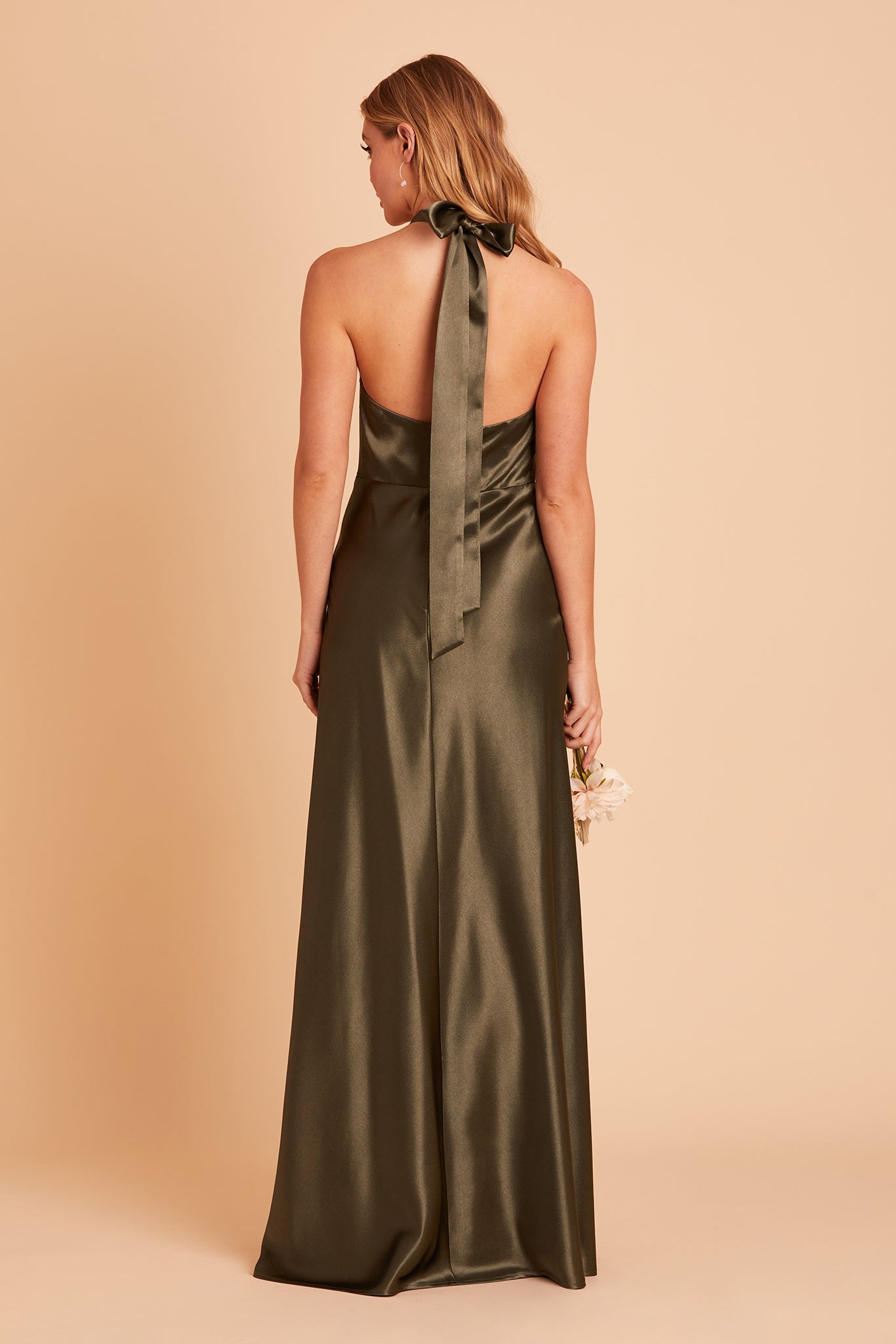 Monica bridesmaid dress with slit in olive satin by Birdy Grey, back view