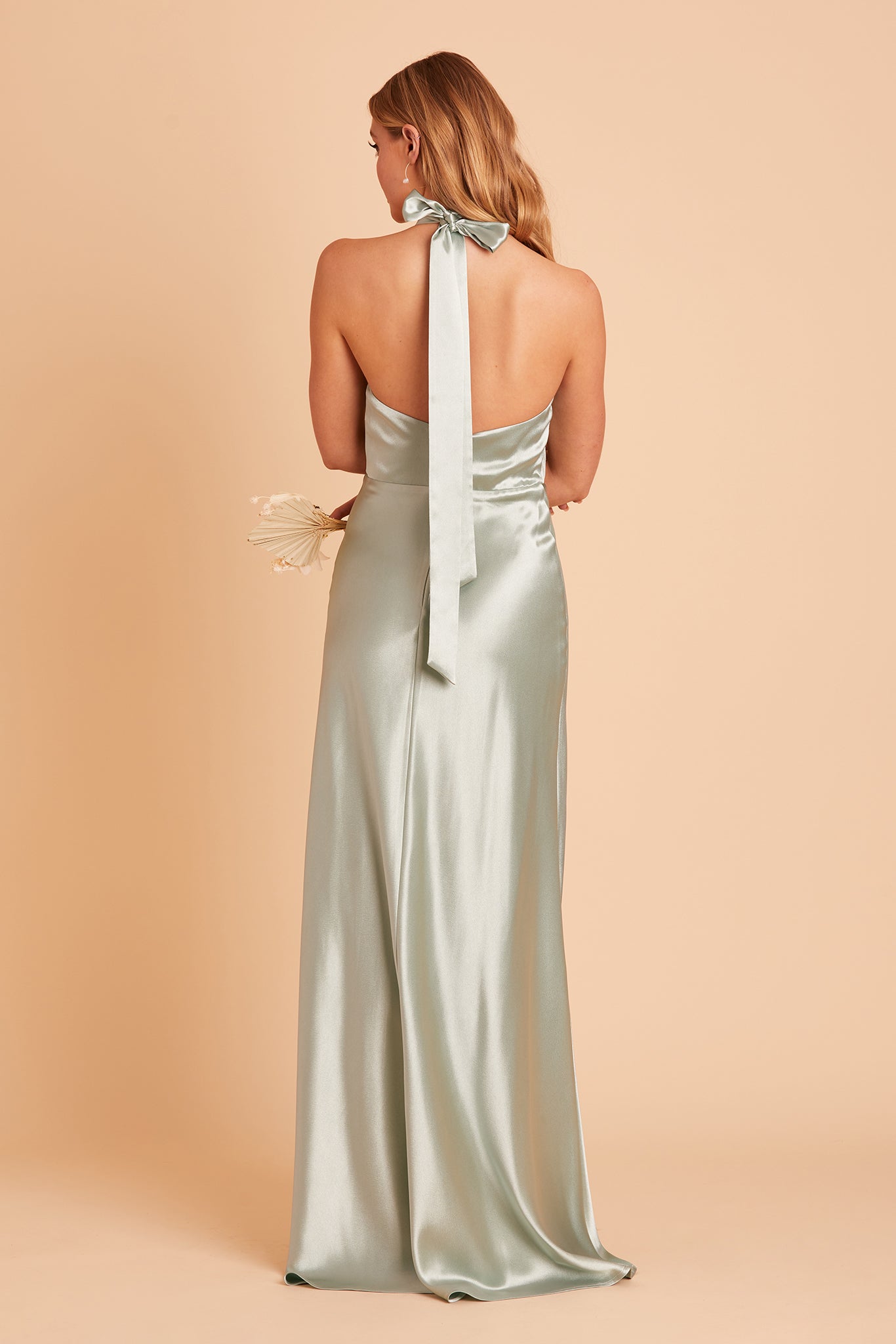 Monica bridesmaid dress with slit in sage satin by Birdy Grey, back view