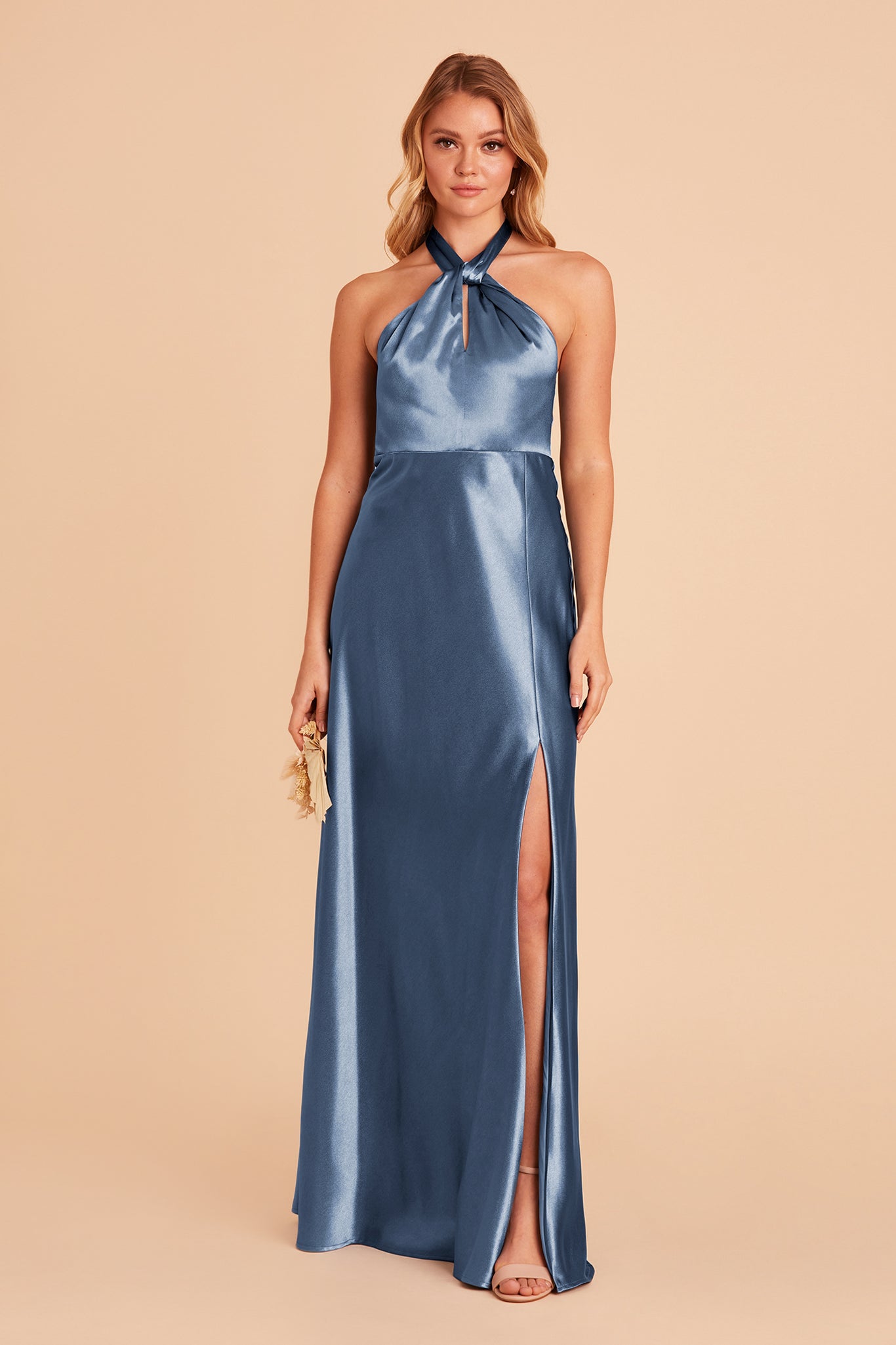 Monica bridesmaid dress with slit in twilight satin by Birdy Grey, front view