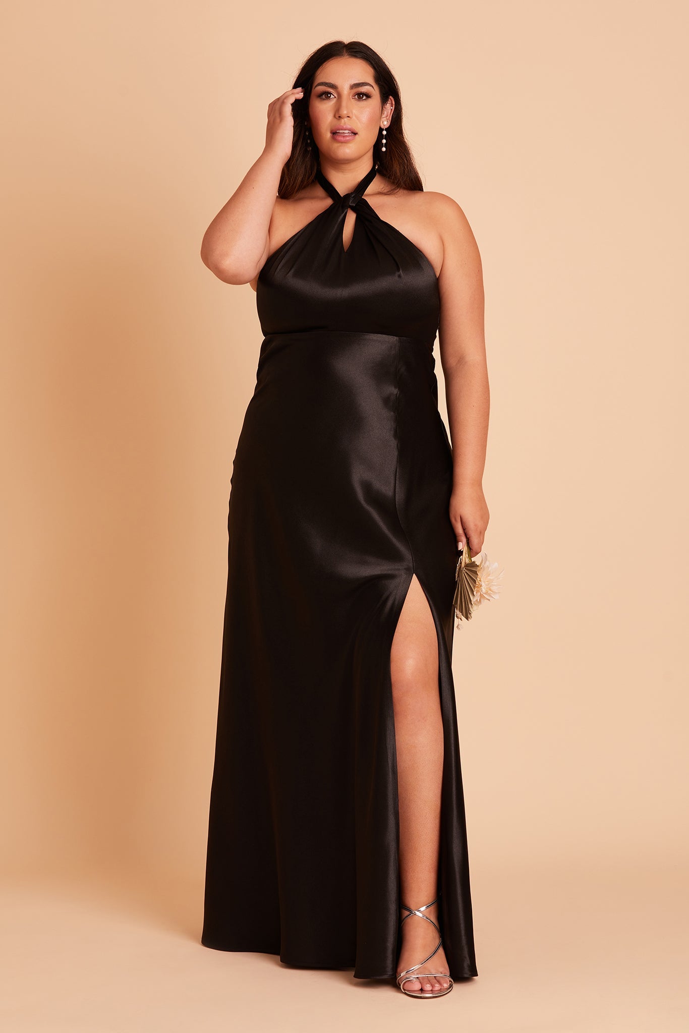 Monica plus size bridesmaid dress with slit in black satin by Birdy Grey, front view