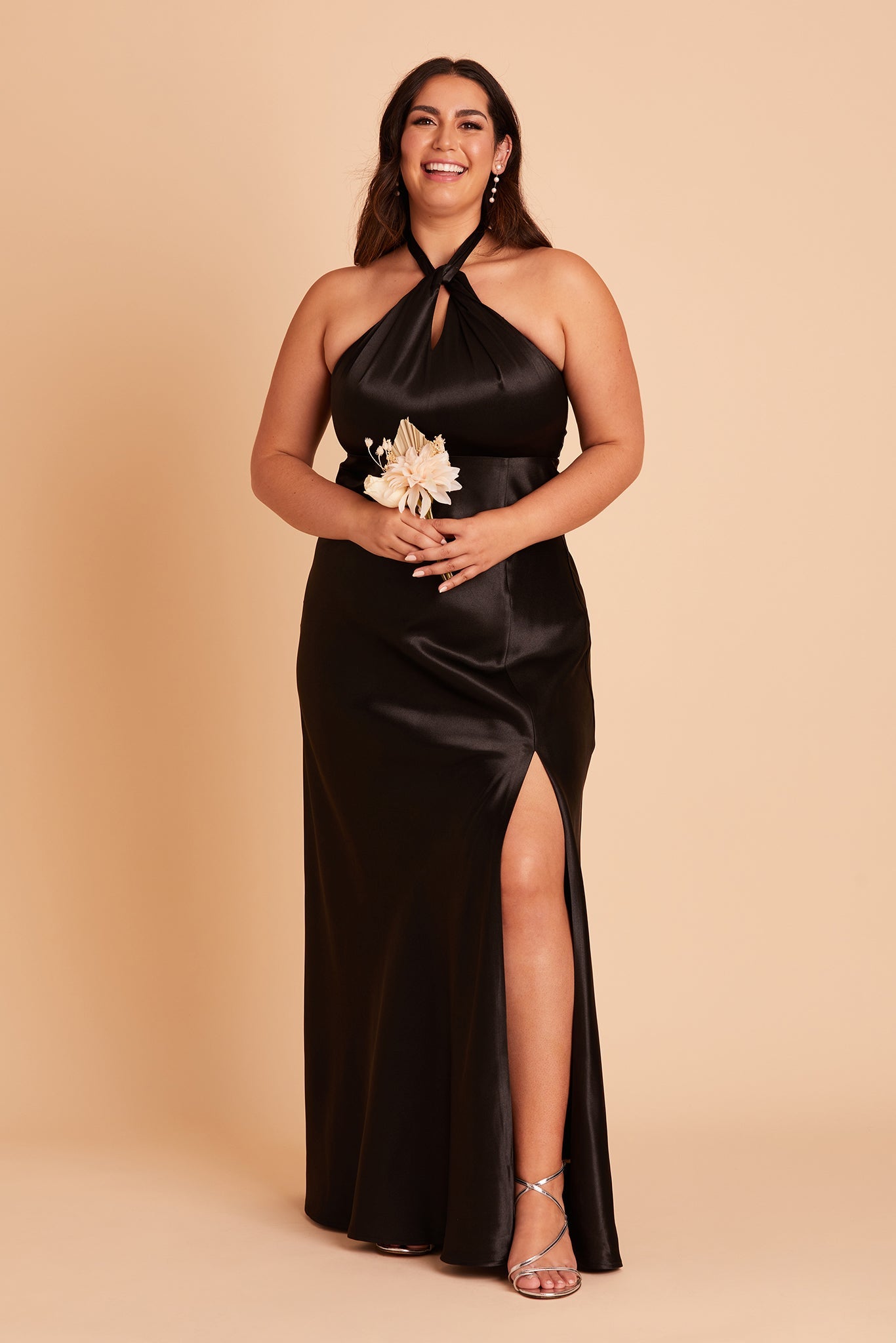 Monica plus size bridesmaid dress with slit in black satin by Birdy Grey, front view