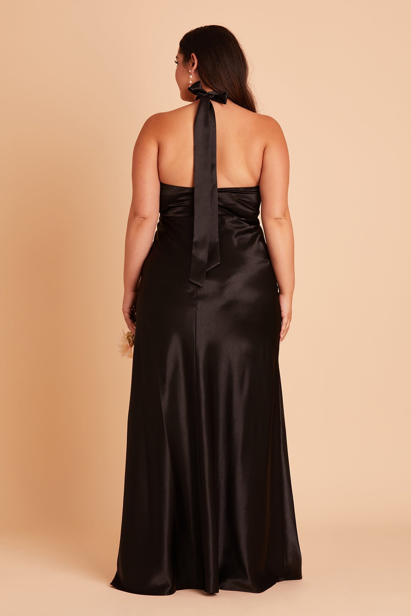 Monica plus size bridesmaid dress with slit in black satin by Birdy Grey, back view