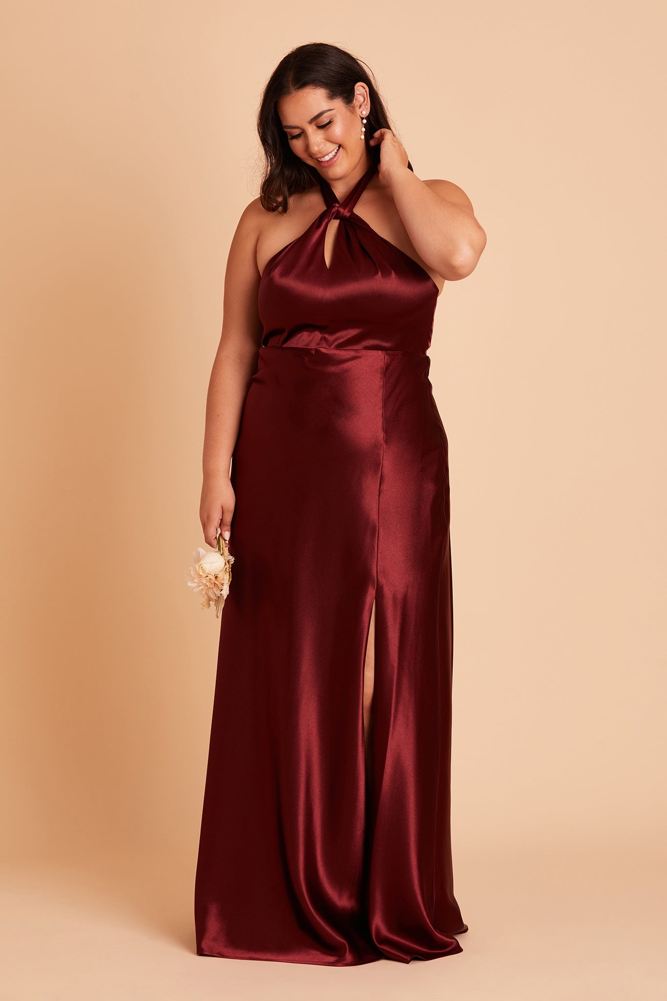Monica plus size bridesmaid dress with slit in cabernet satin by Birdy Grey, front view