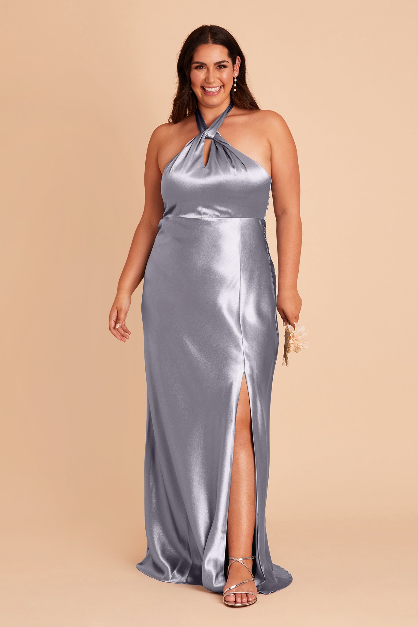 Monica plus size bridesmaid dress with slit in dusty blue satin by Birdy Grey, front view
