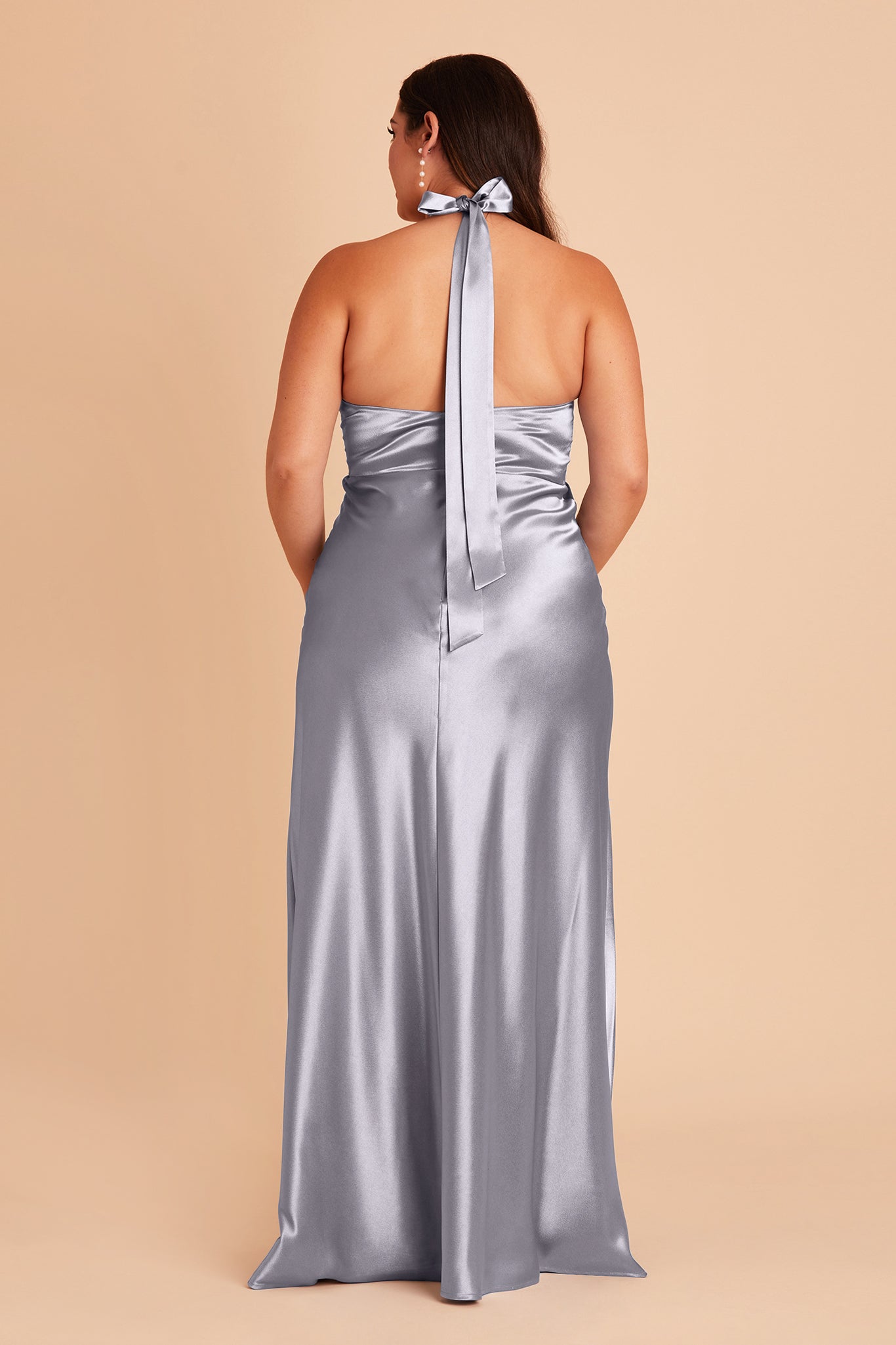 Monica plus size bridesmaid dress with slit in dusty blue satin by Birdy Grey, back view