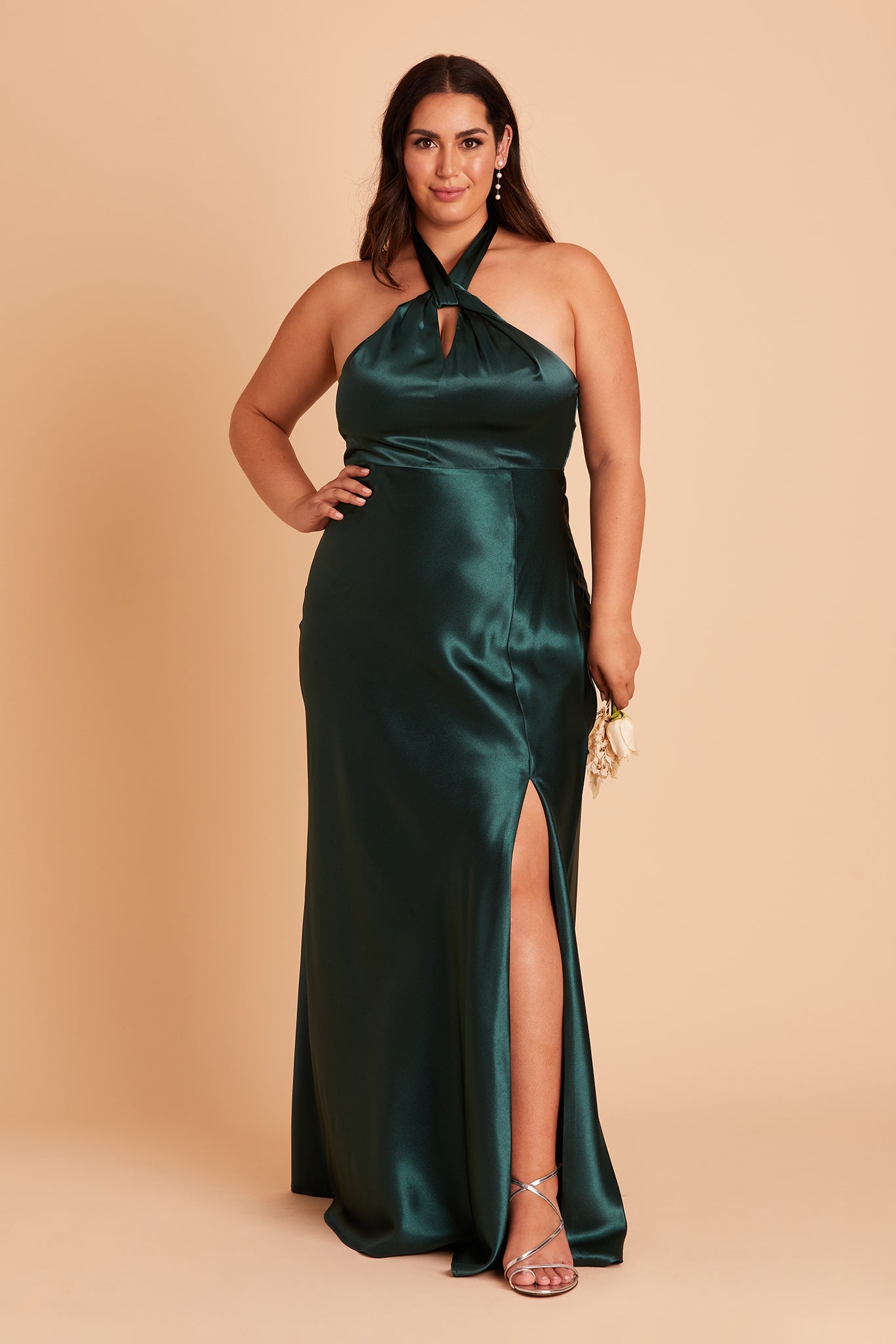 Monica plus size bridesmaid dress with slit in emerald satin by Birdy Grey, front view