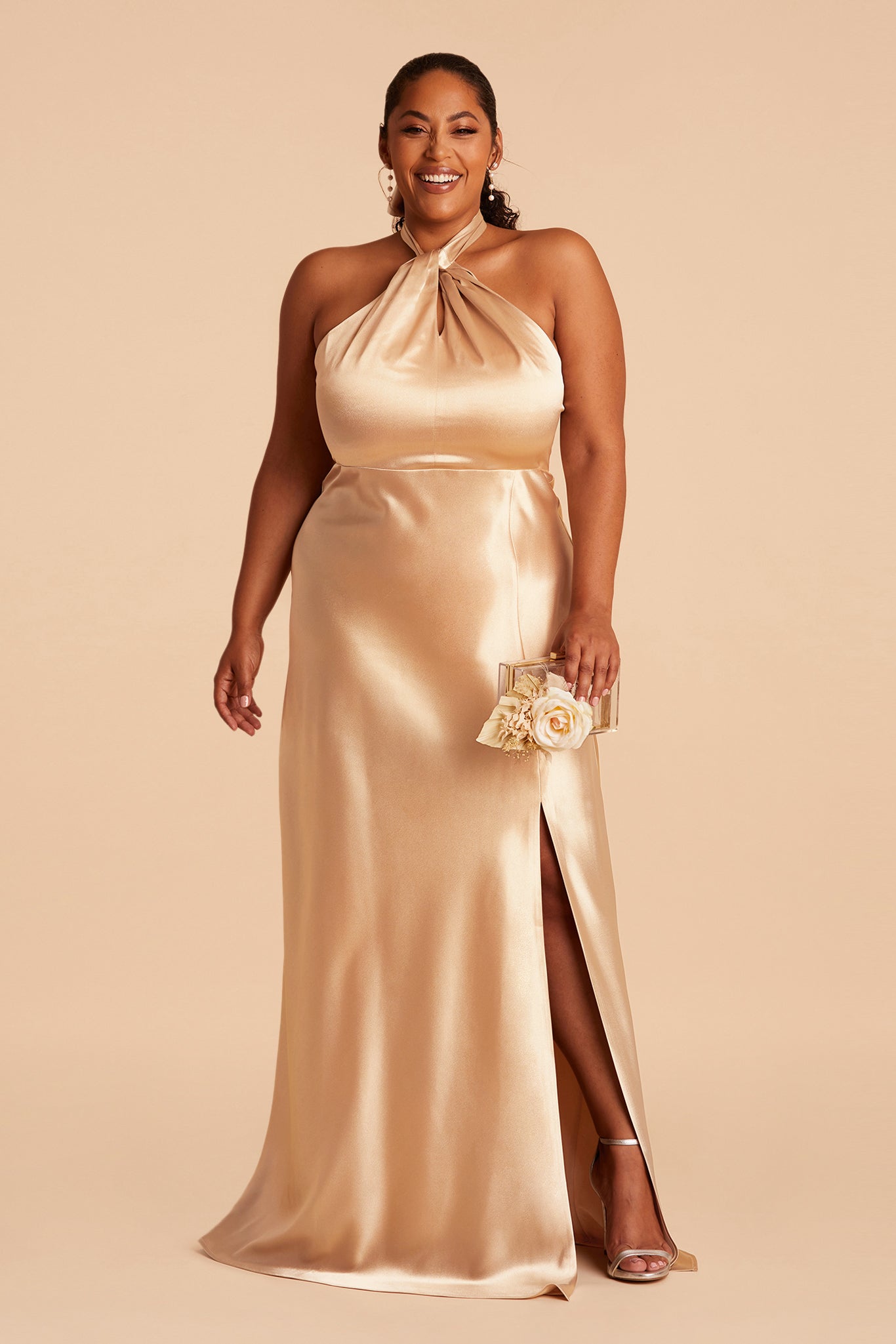 Monica Satin Dress Curve dress in gold satin by Birdy Grey, front view
