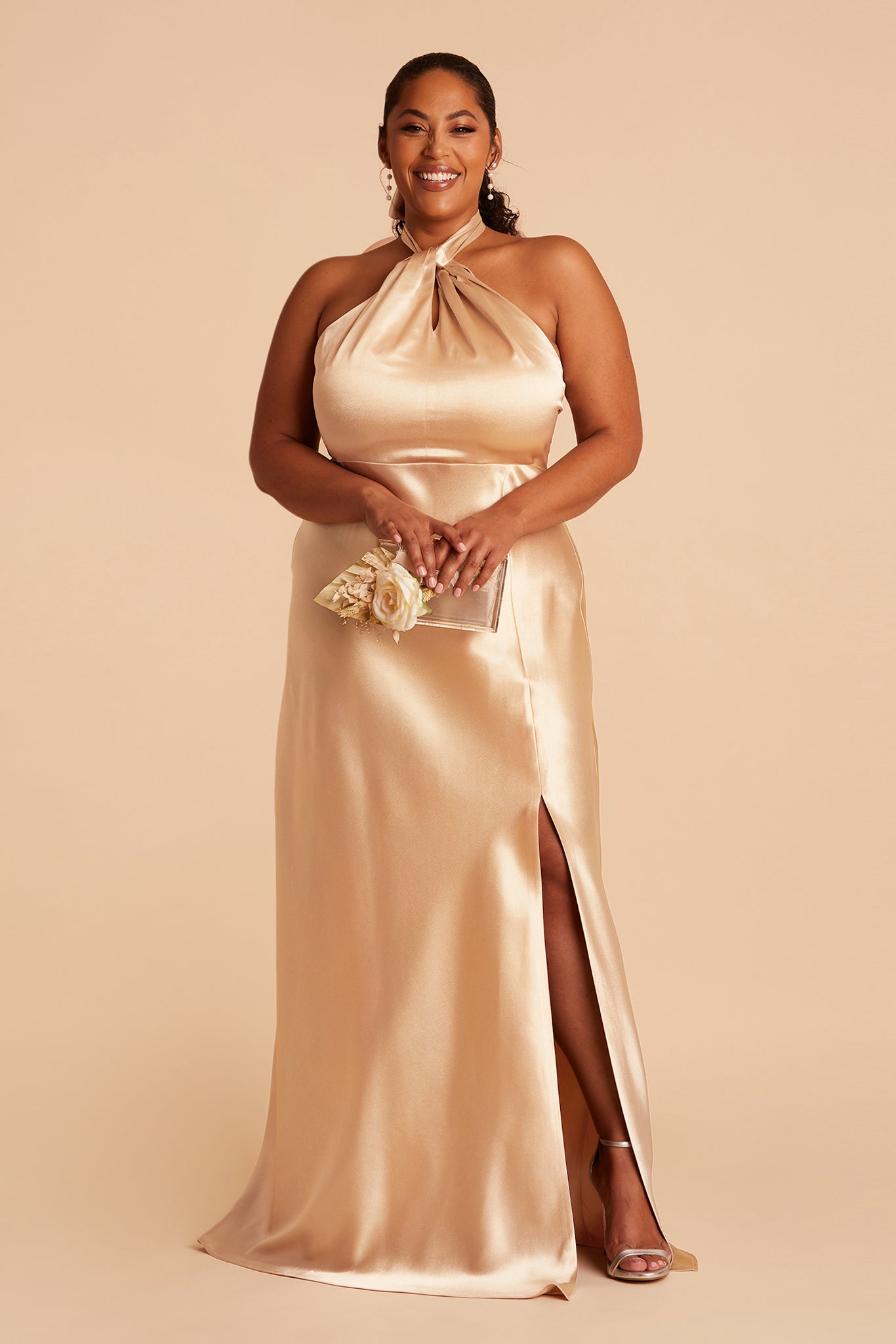 Monica Satin Dress Curve dress in gold satin by Birdy Grey, front view