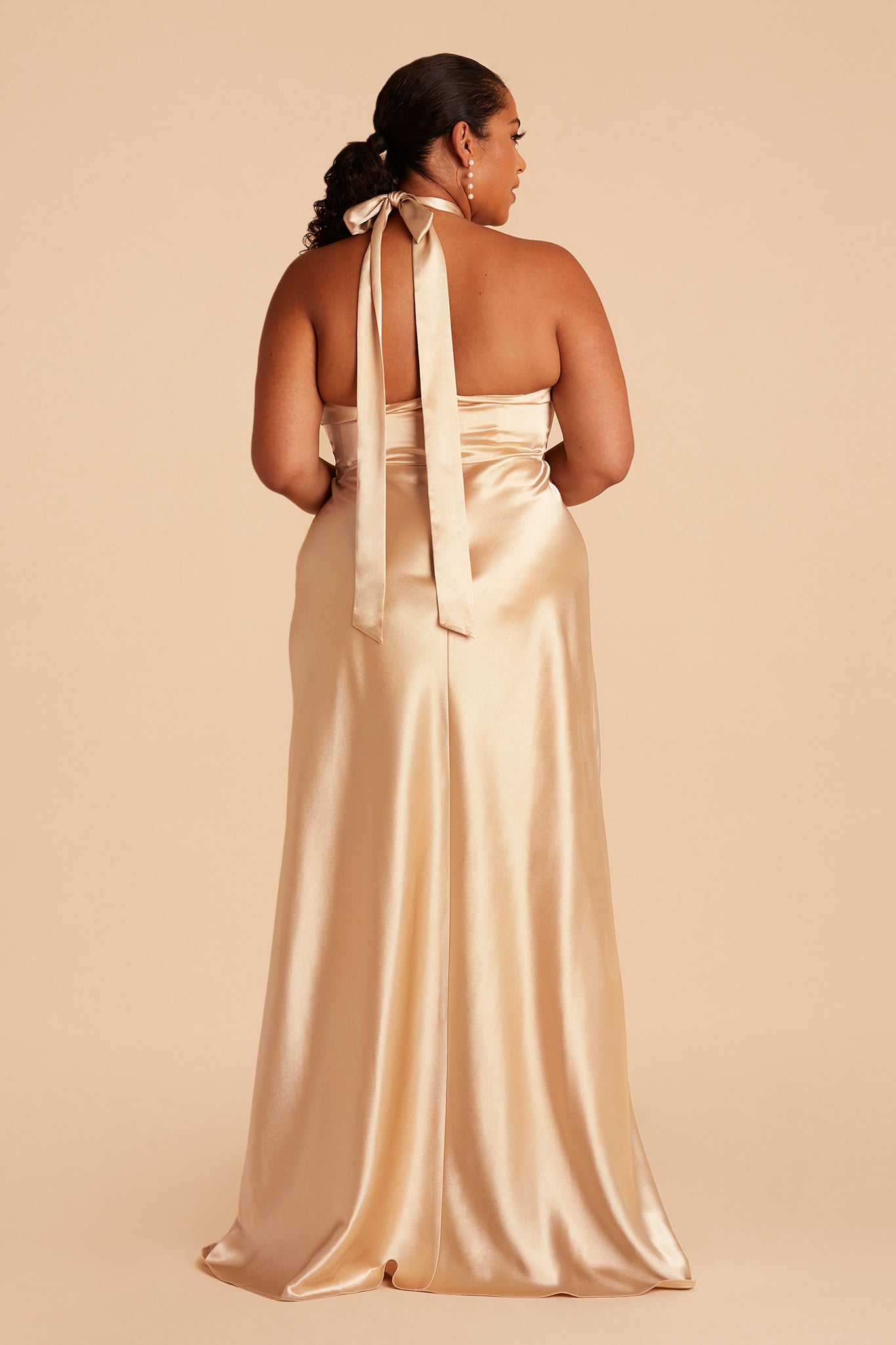 Monica Satin Dress Curve dress in gold satin by Birdy Grey, back view