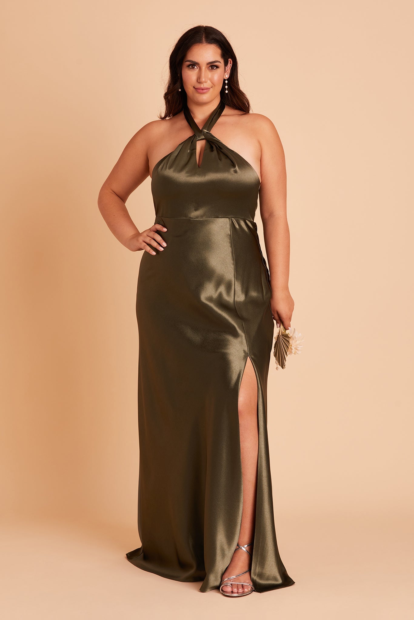 Monica plus size bridesmaid dress with slit in olive satin by Birdy Grey, front view