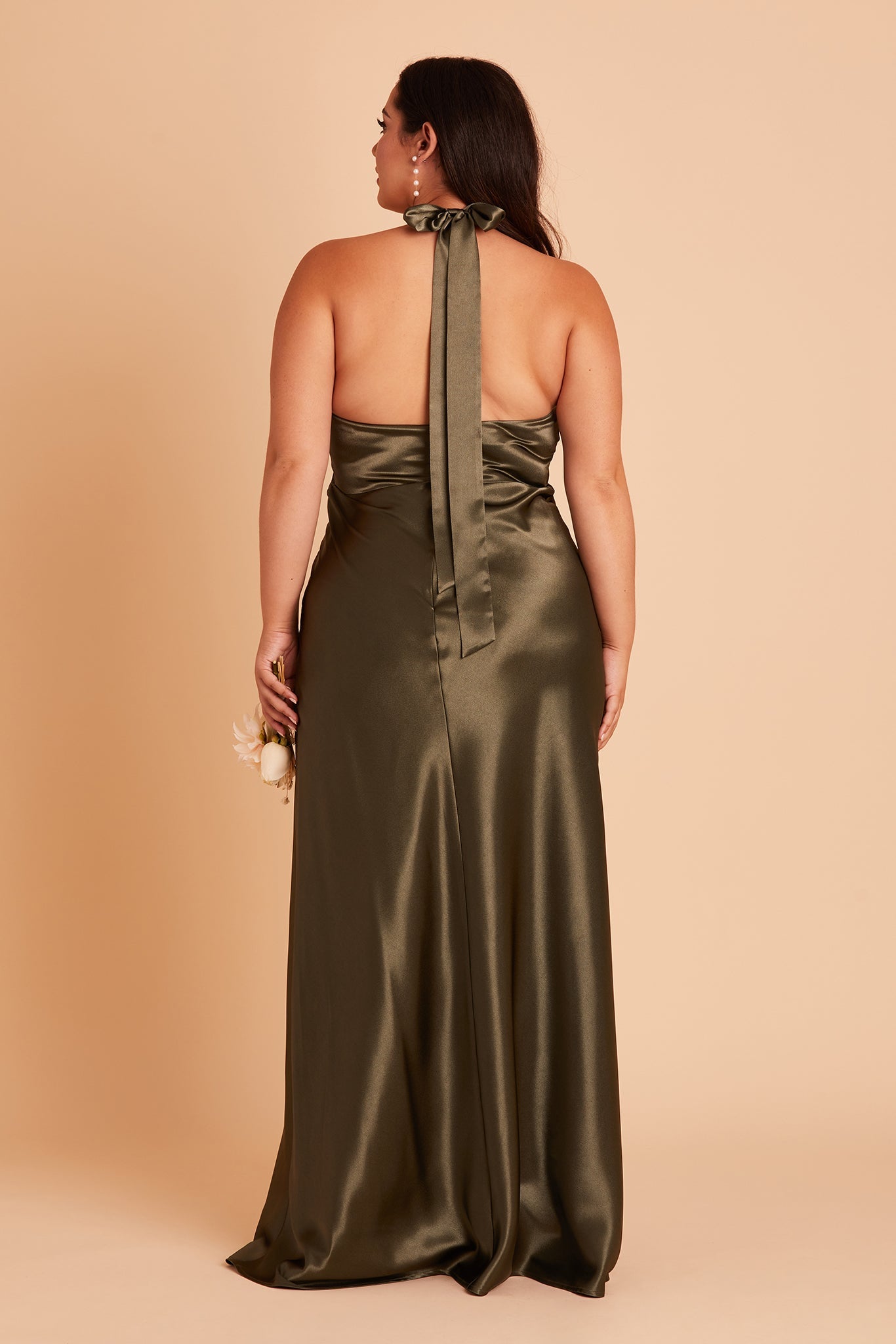 Monica plus size bridesmaid dress with slit in olive satin by Birdy Grey, back view