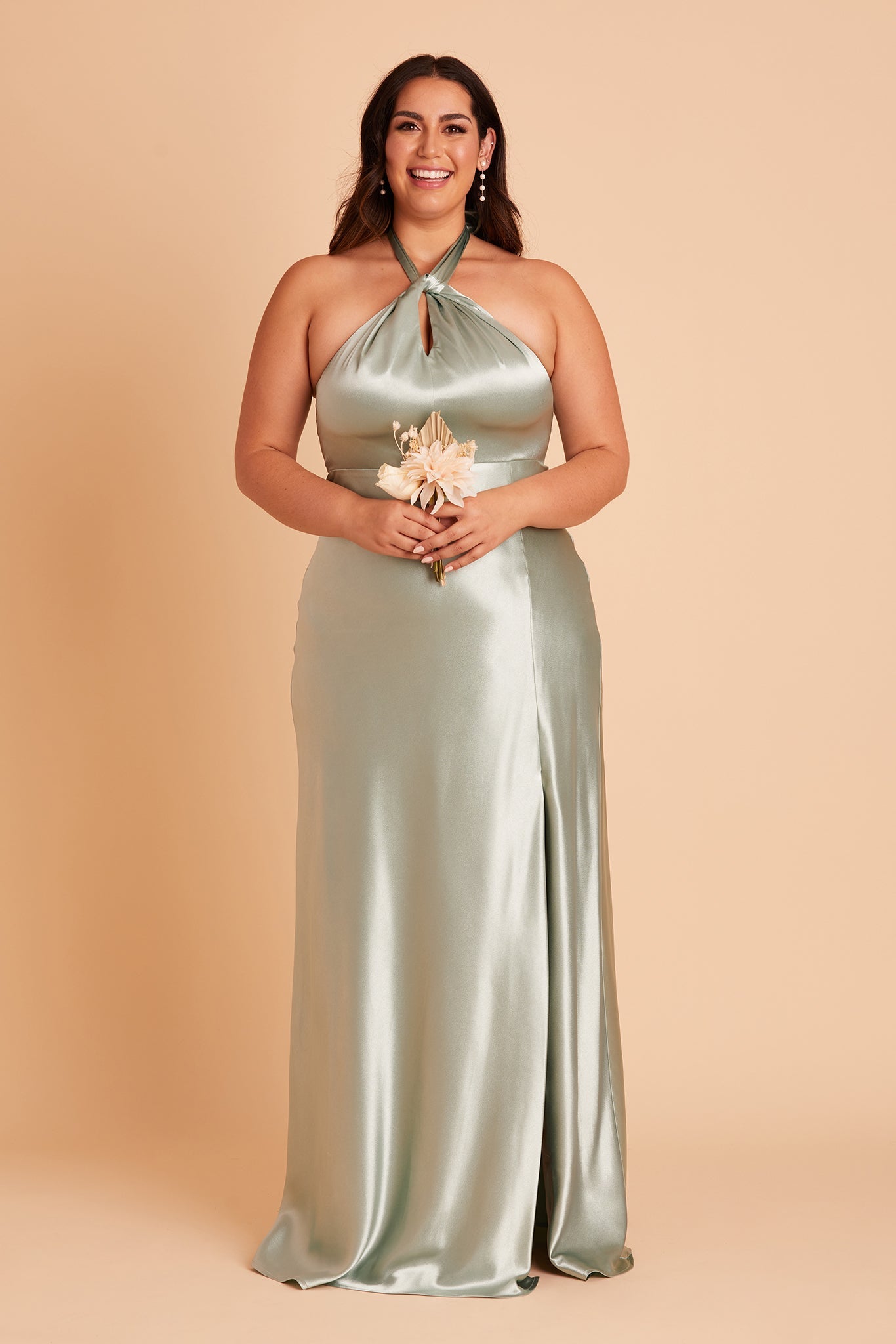 Monica plus size bridesmaid dress with slit in sage satin by Birdy Grey, front view