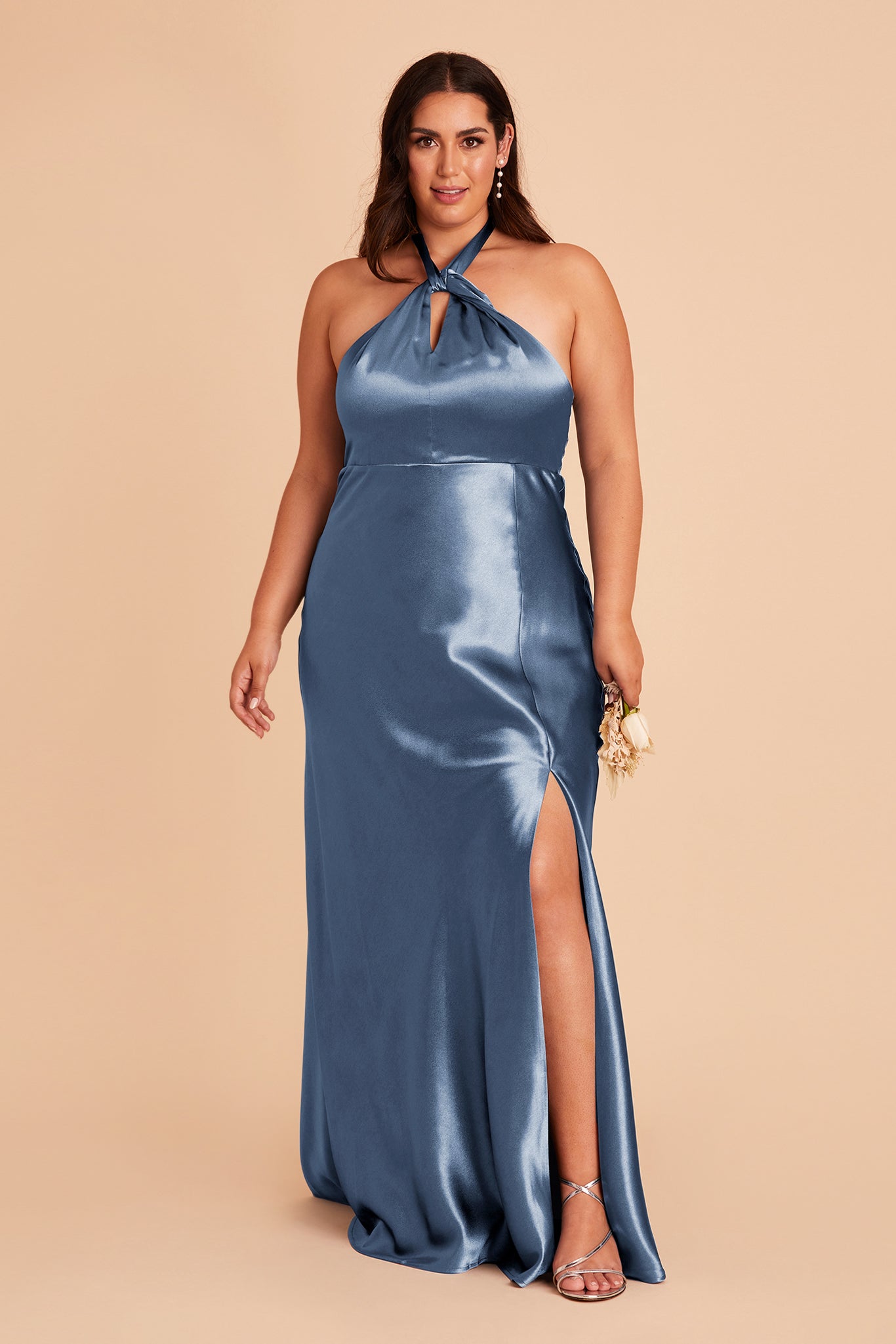 Monica plus size bridesmaid dress with slit in twilight satin by Birdy Grey, front view