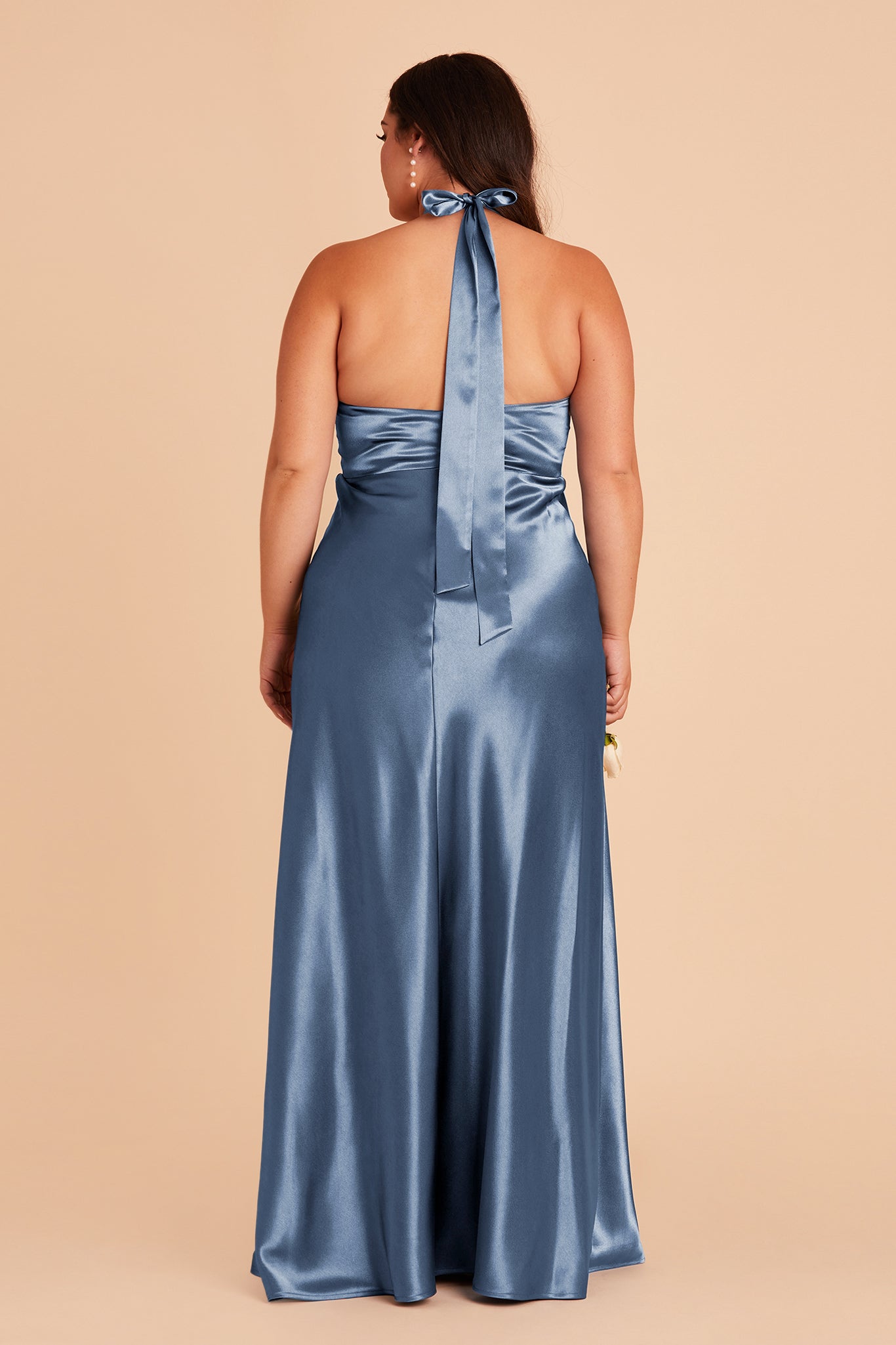 Monica plus size bridesmaid dress with slit in twilight satin by Birdy Grey, back view