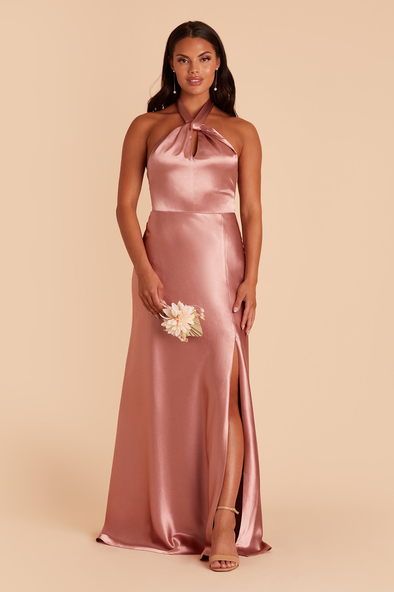 Monica bridesmaid dress with slit in desert rose satin by Birdy Grey, front view